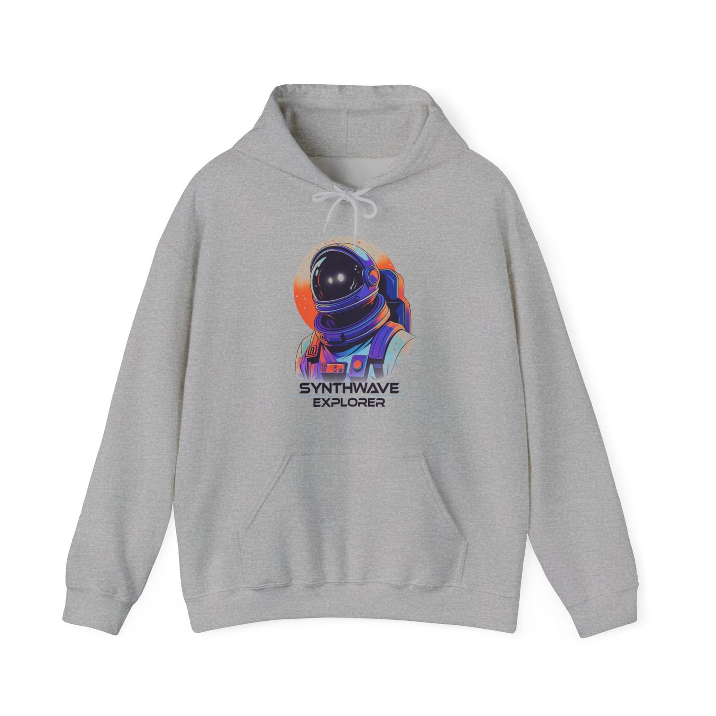 Sport Grey Synthwave Explorer Hoodie with stars, neon sun and retro sci-fi look spaceman BimBangDesign