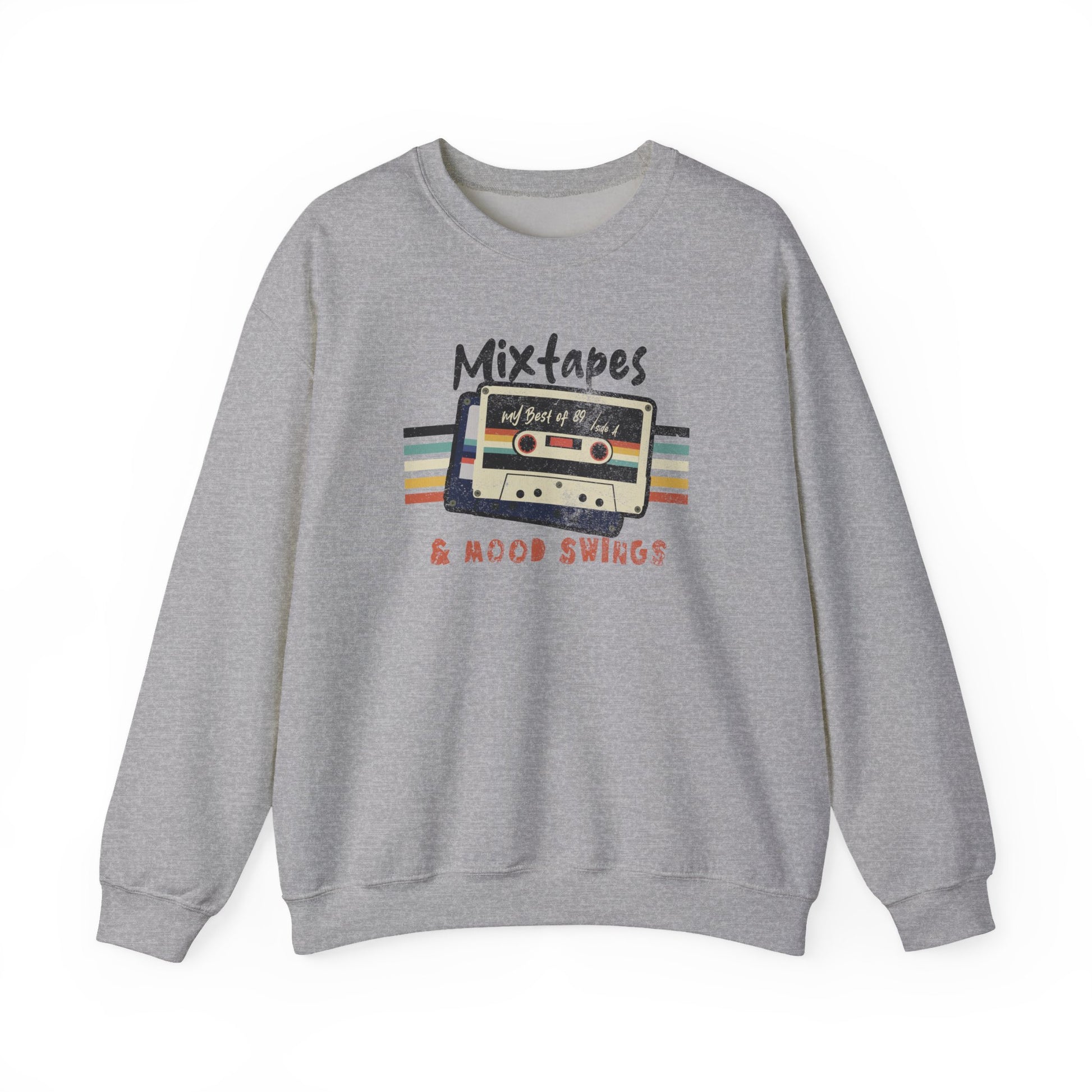 Mixtapes & Mood Swings vintage typography on a Sport Grey Sweatshirt for vintage vibe hunters BimBangDesign