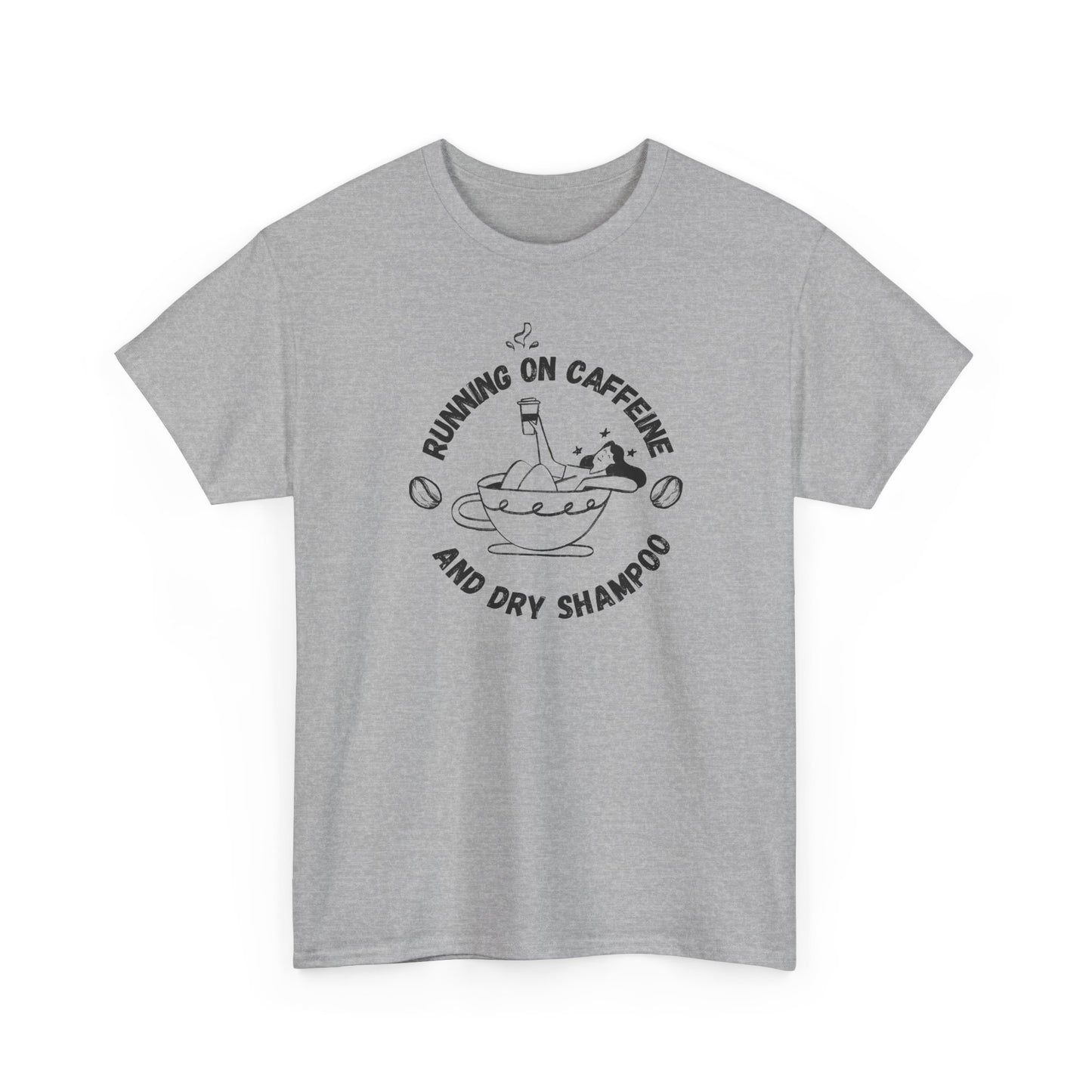 Funny Sport Grey T-shirt Running on Caffeine and Dry Shampoo for all multitasking women BimBangDesign