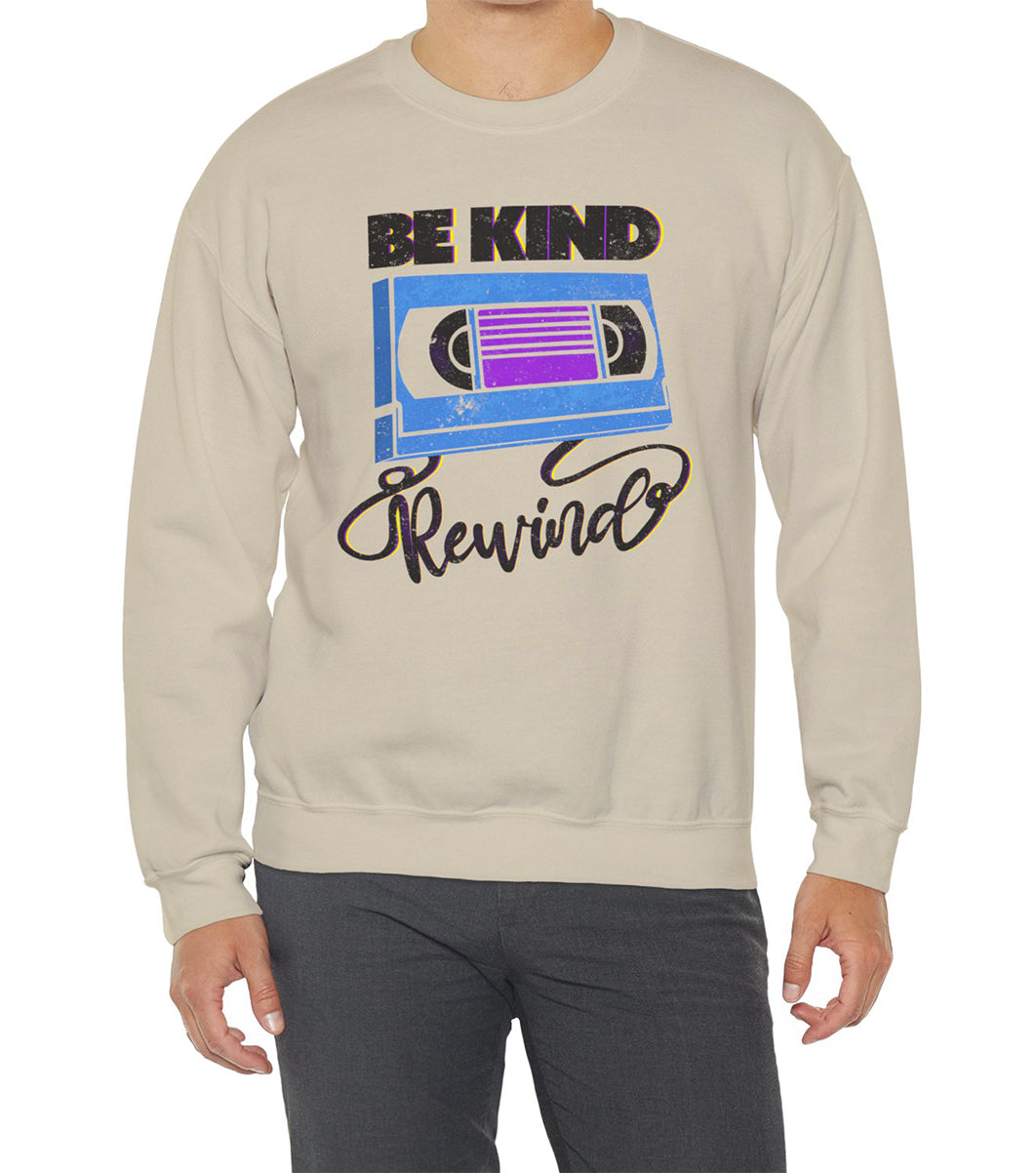 Be Kind Rewind Sand Sweatshirt, retro typographic style, VHS inspiration worn by a vintage lovers BimBangDesign