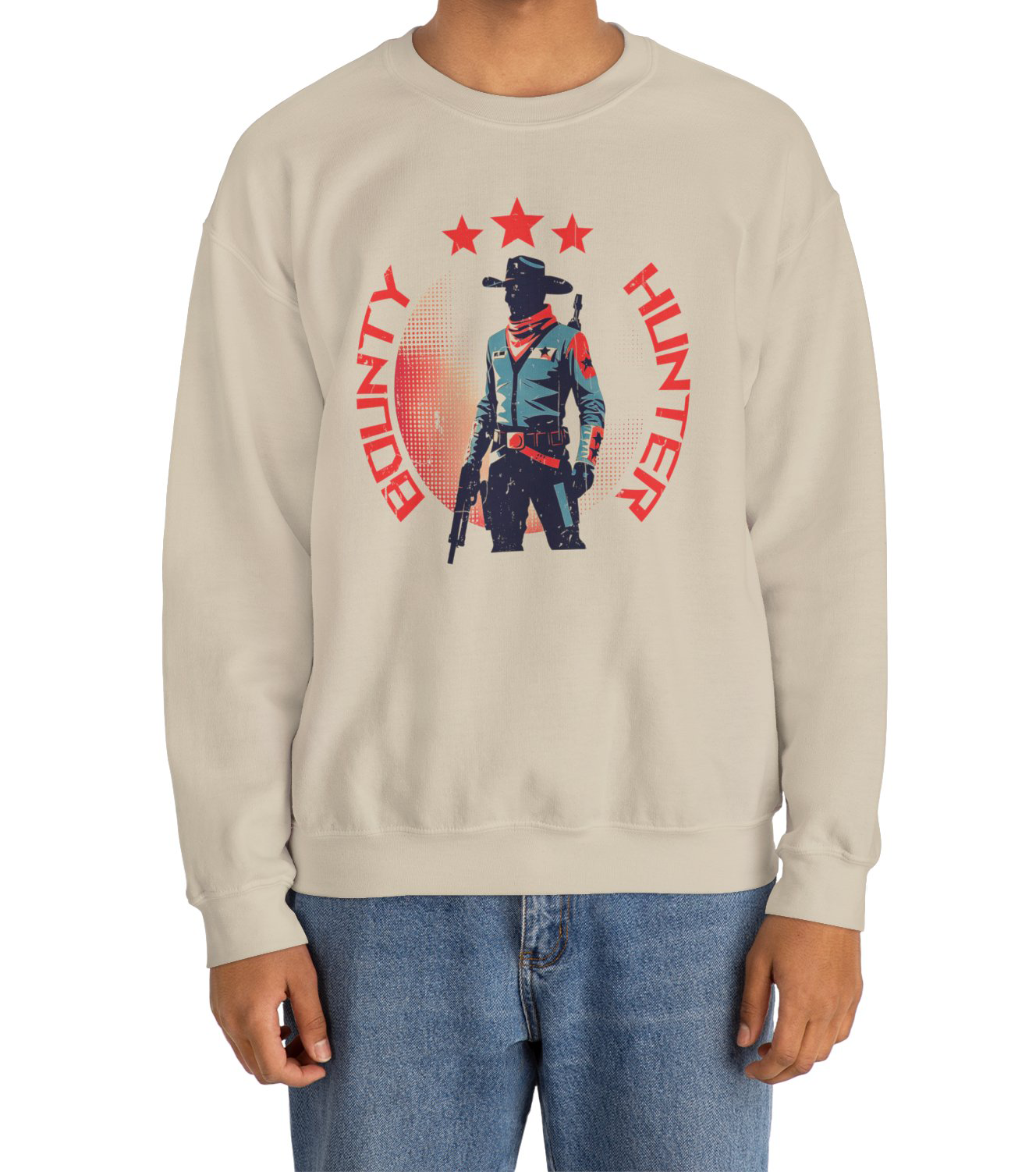 Bounty Hunter Sweatshirt in Sand color with minimalist space cowboy and stars design BimBangDesign