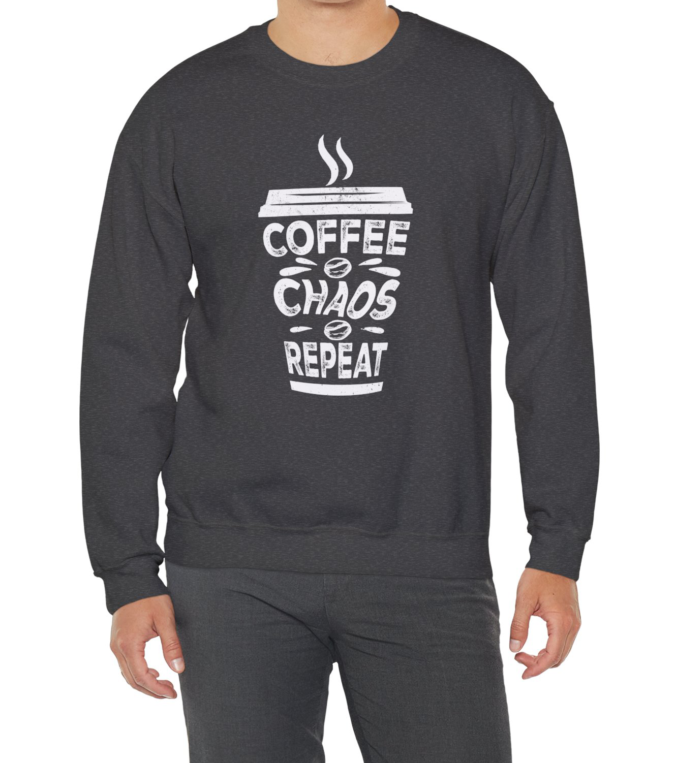 Coffee Chaos Repeat text Sweatshirt worn by a coffee lover on the go BimBangDesign 