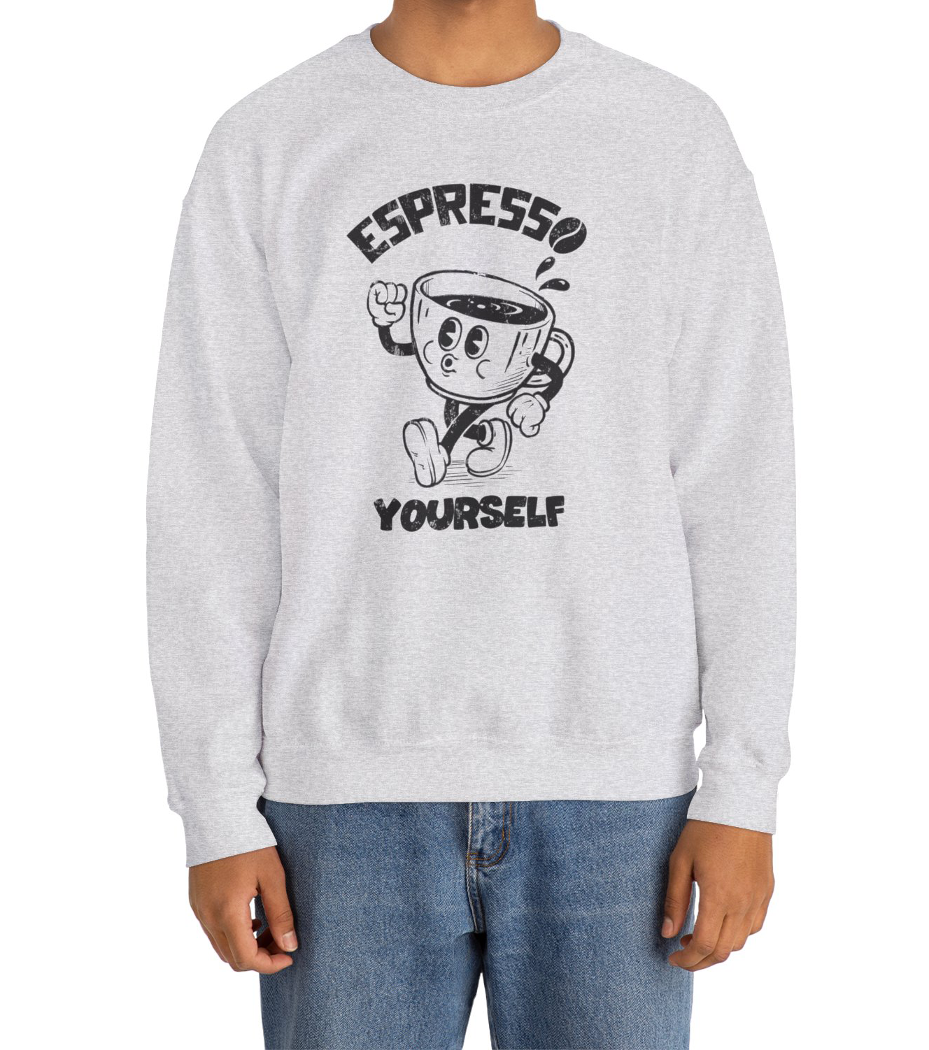 Cartoon Espresso Yourself Ash Sweatshirt with a coffee cup illustration worn by an espresso coffee lover BimBangDesign