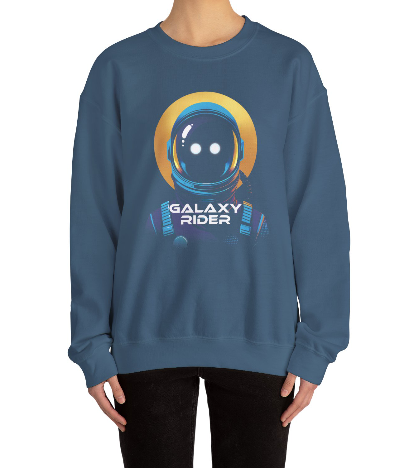 Galaxy Rider Sweatshirt with a cosmic design worn by a space enthusiast BimBangDesign
