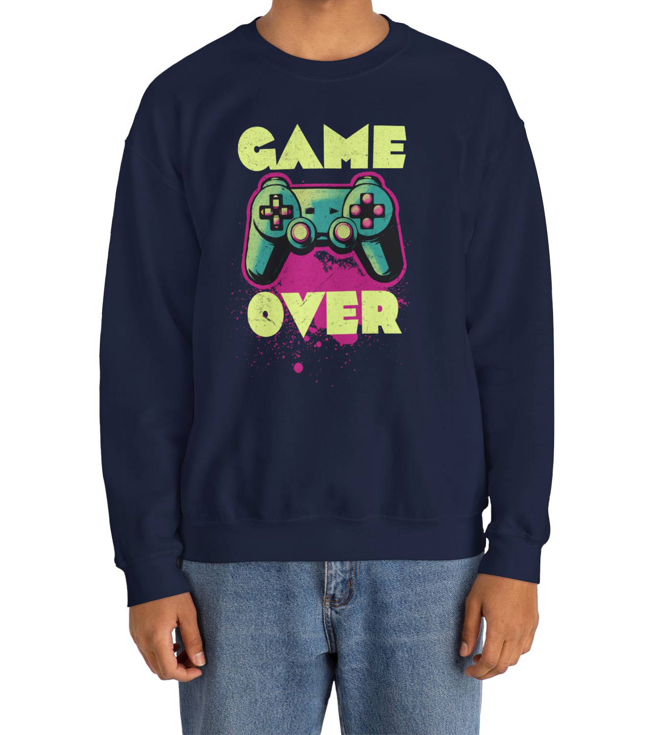 Navy Game Over sweatshirt retro neon colors art worn by a gamer BimBangDesign