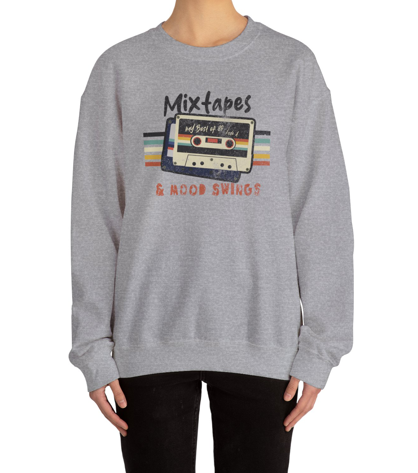 Mixtapes & Mood Swings vintage typography on a Sport Grey Sweatshirt worn by a vintage vibe hunters BimBangDesign