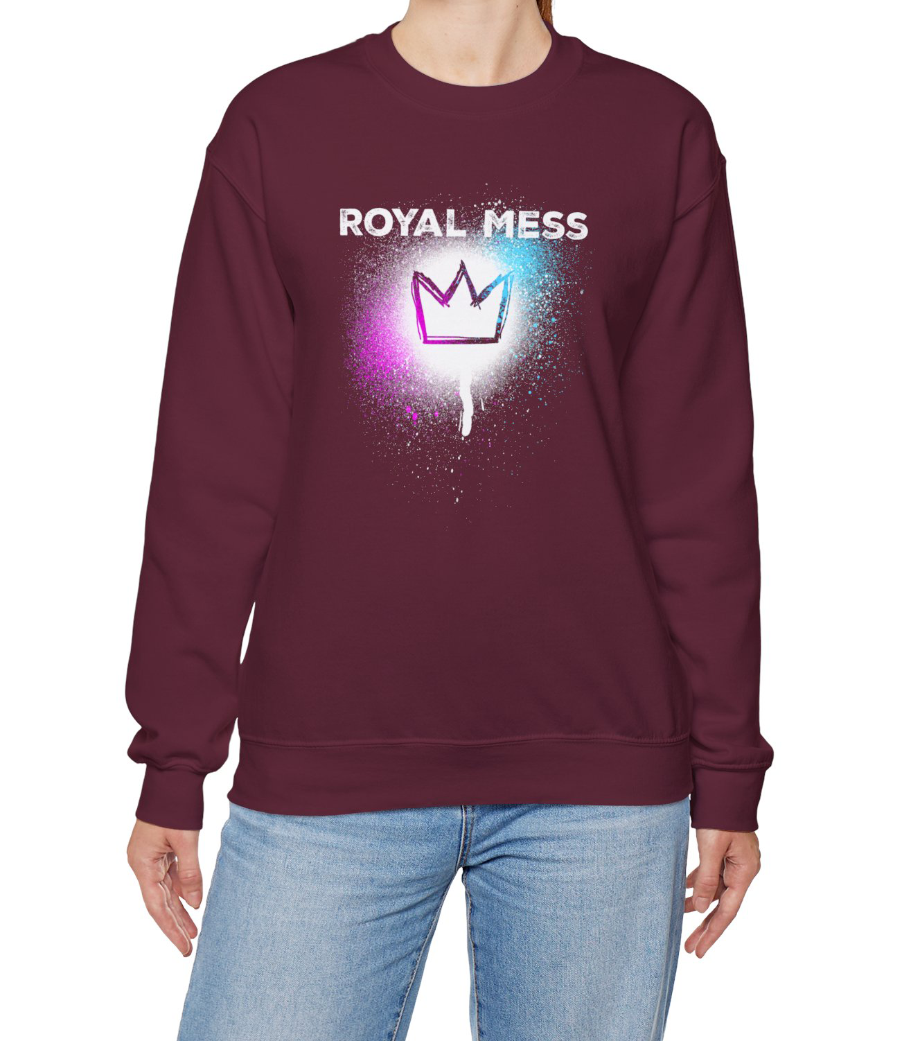 Royal Mess Sweatshirt in Maroon with bold text and crown on a paint spray spatter BimBangDesign