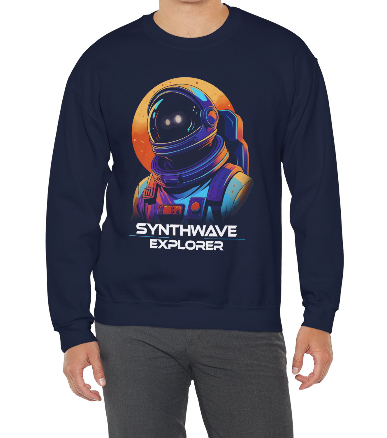 Synthwave Explorer Sweatshirt with stars and neon sun, retro sci-fi look Spaceman print BimBangDesign