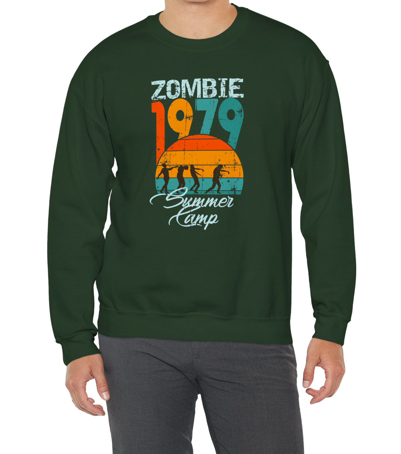 1979 Zombie Summer Camp Sweatshirt with undead campers design in retro style BimBangDesign