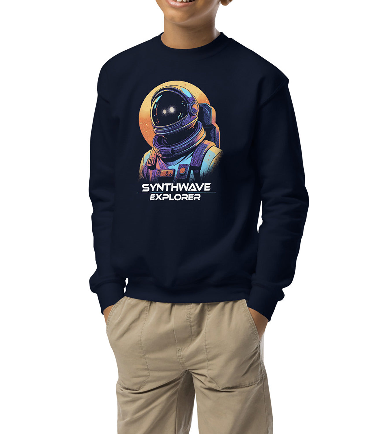 Synthwave Explorer print on Gildan 18000B kids sweatshirt with sunset and space man design by BimBangDesign