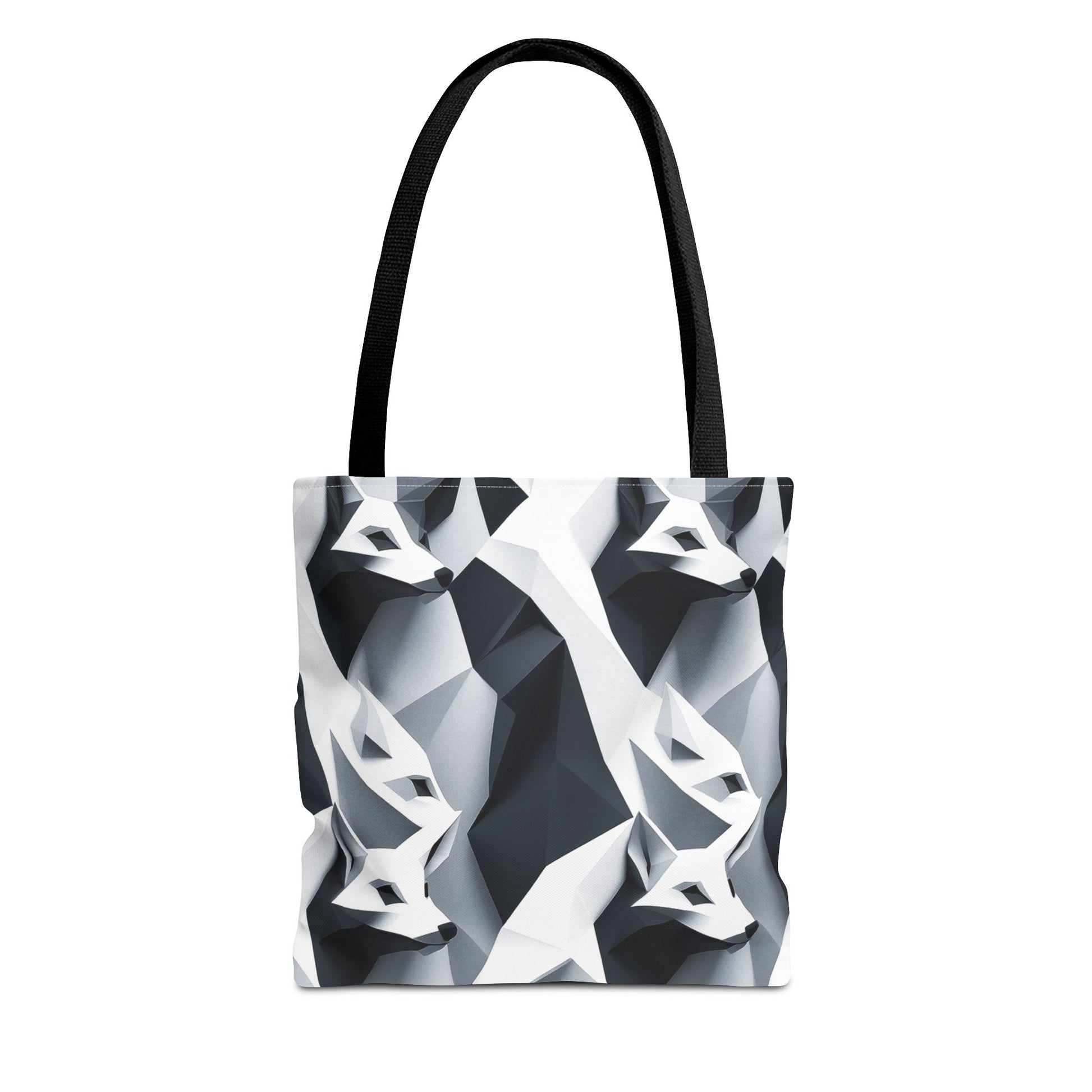 Black Handles Eco-conscious and  Lightweight Tote Bag,  Reusable and Durable Graphic black and white Foxes Pattern, Low-Poly Design BimBangDesign