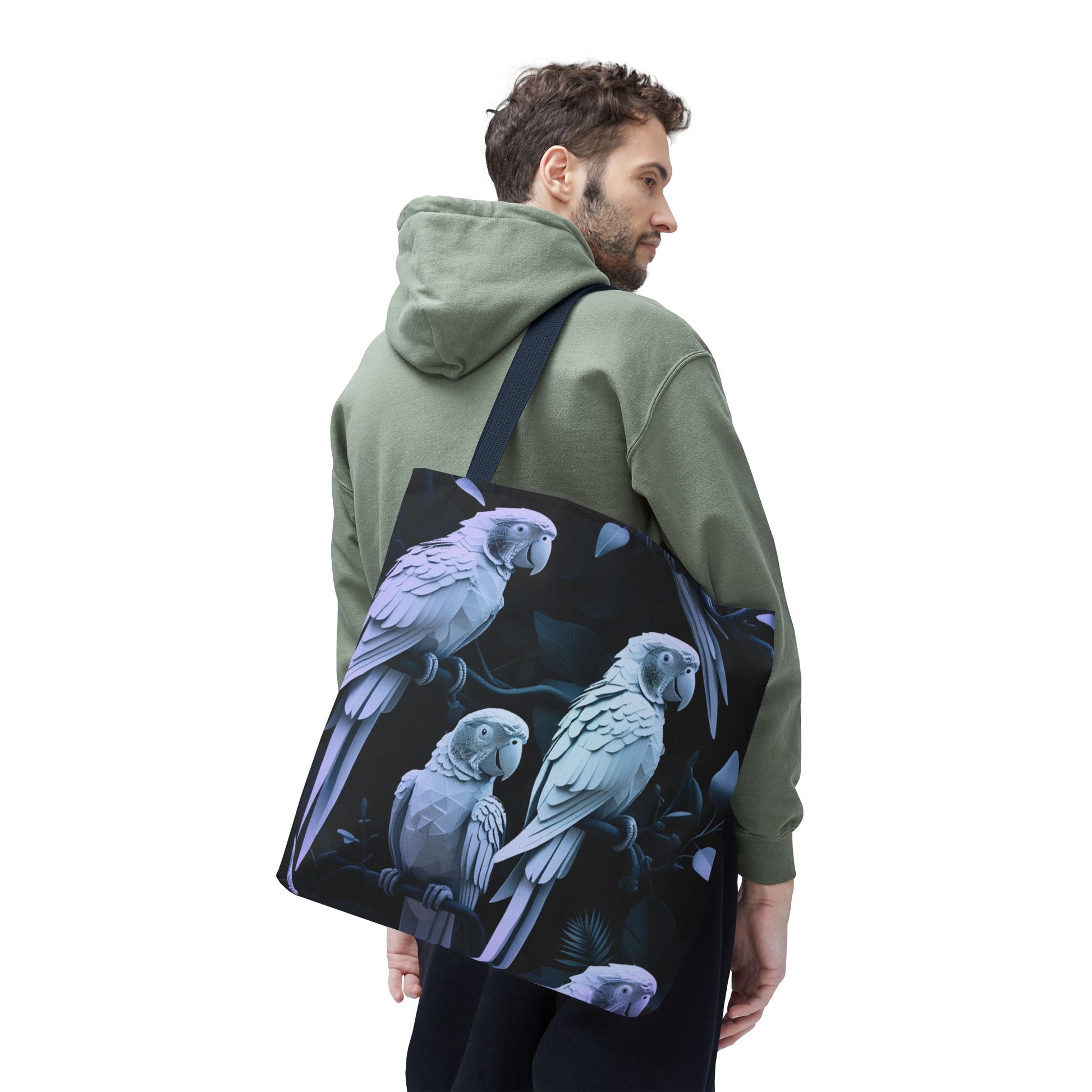 Reusable and Durable Graphic Parrot Low Poly Design Lightweight Tote Bag held by an eco-conscious man, BimBangDesign