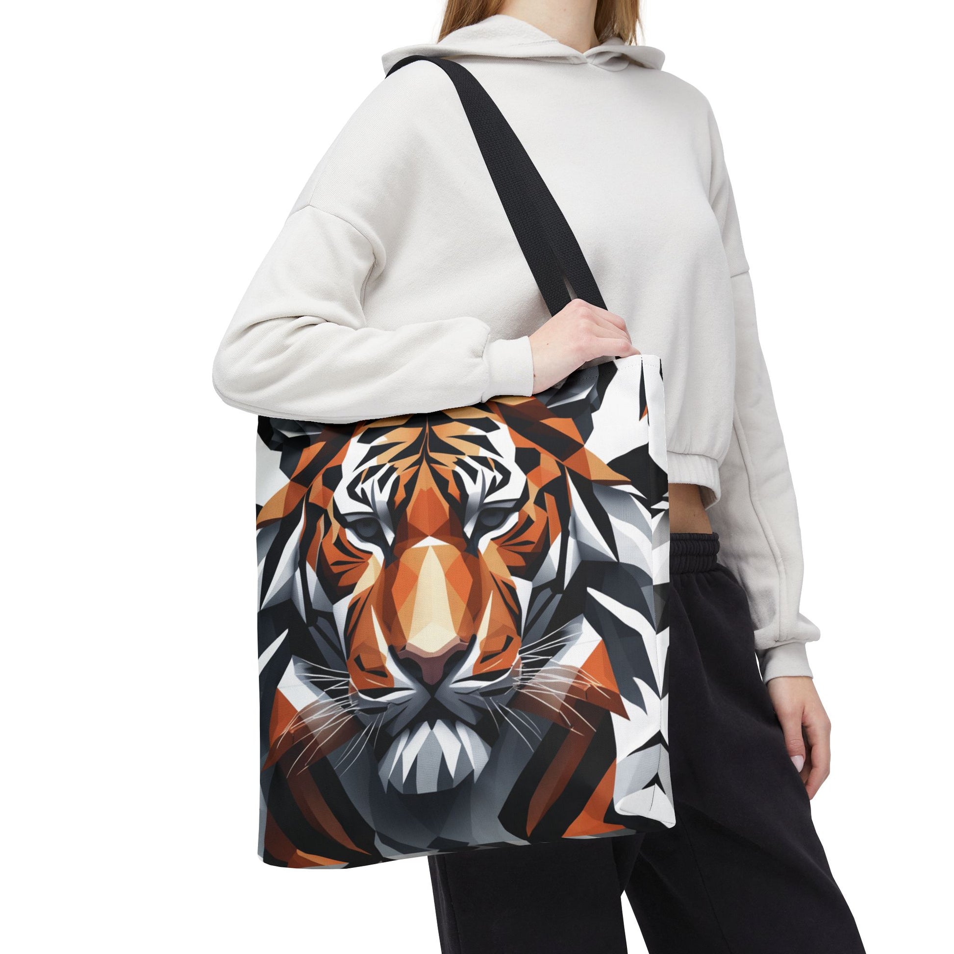 Reusable and Durable Graphic Tiger Close-Up Low-Poly Design Lightweight Tote Bag used by an eco-conscious person, BimBangDesign