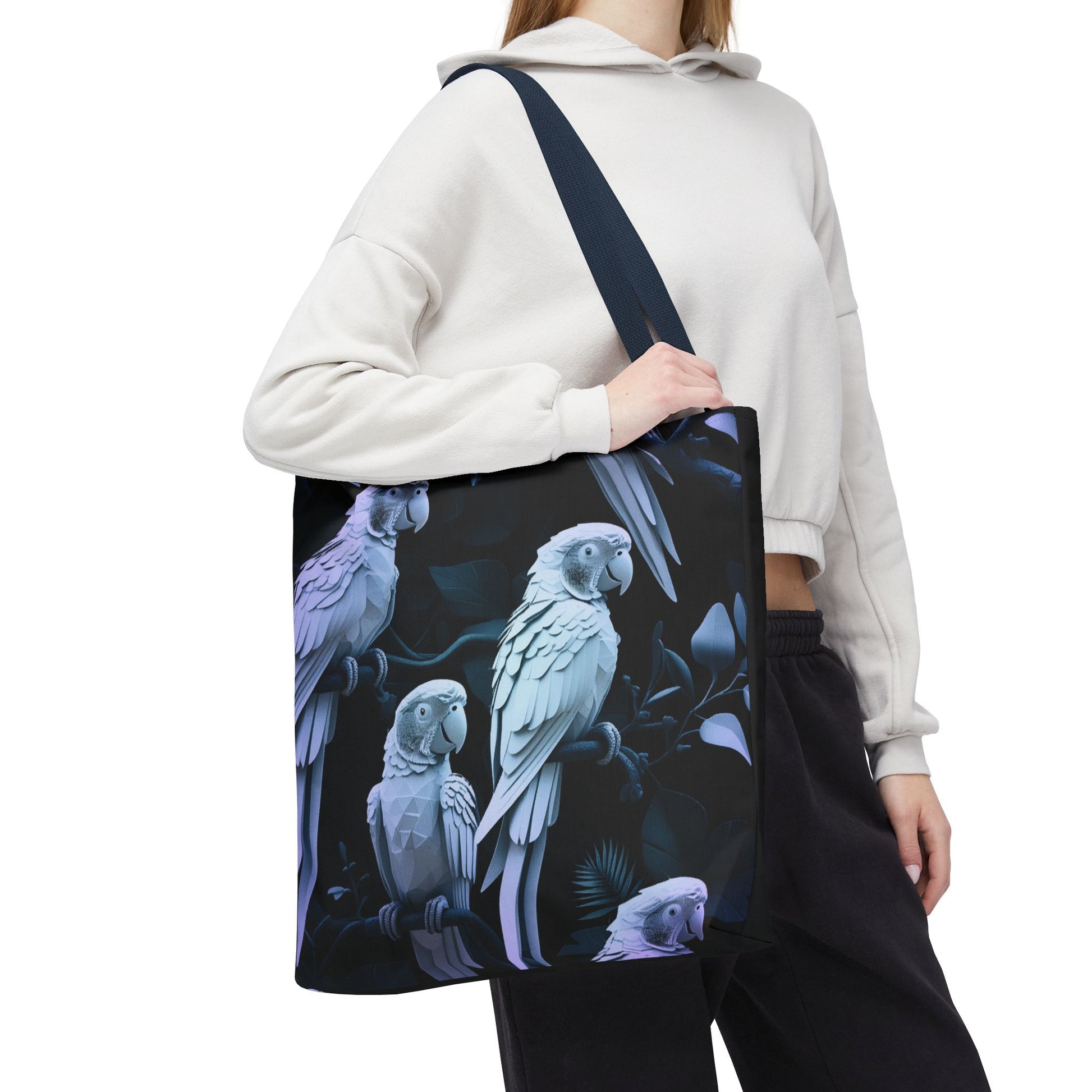 Reusable and Durable Graphic Parrot Low Poly Design Lightweight Tote Bag carried by an eco-conscious person, BimBangDesign