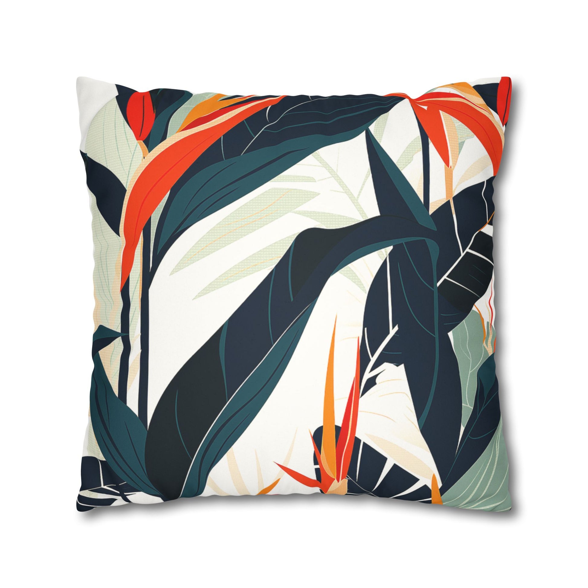 Back View of a Vibrant Tropical Decorative Pillowcase of exotic paradise flowers for laid-back island vibes used as home decor accessory BimBangDesign