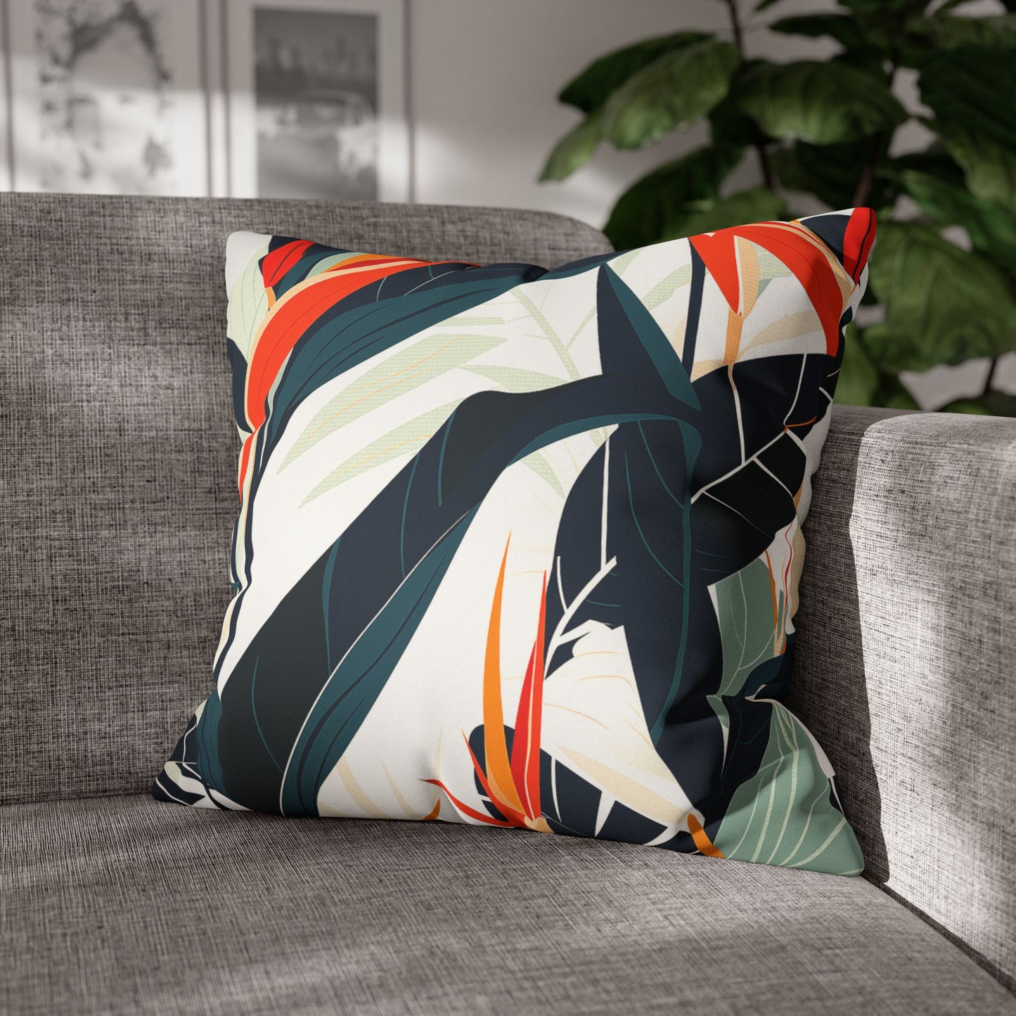 Vibrant Tropical Decorative Pillowcase of exotic paradise flowers on a sofa for laid-back island vibes used as home decor accessory BimBangDesign