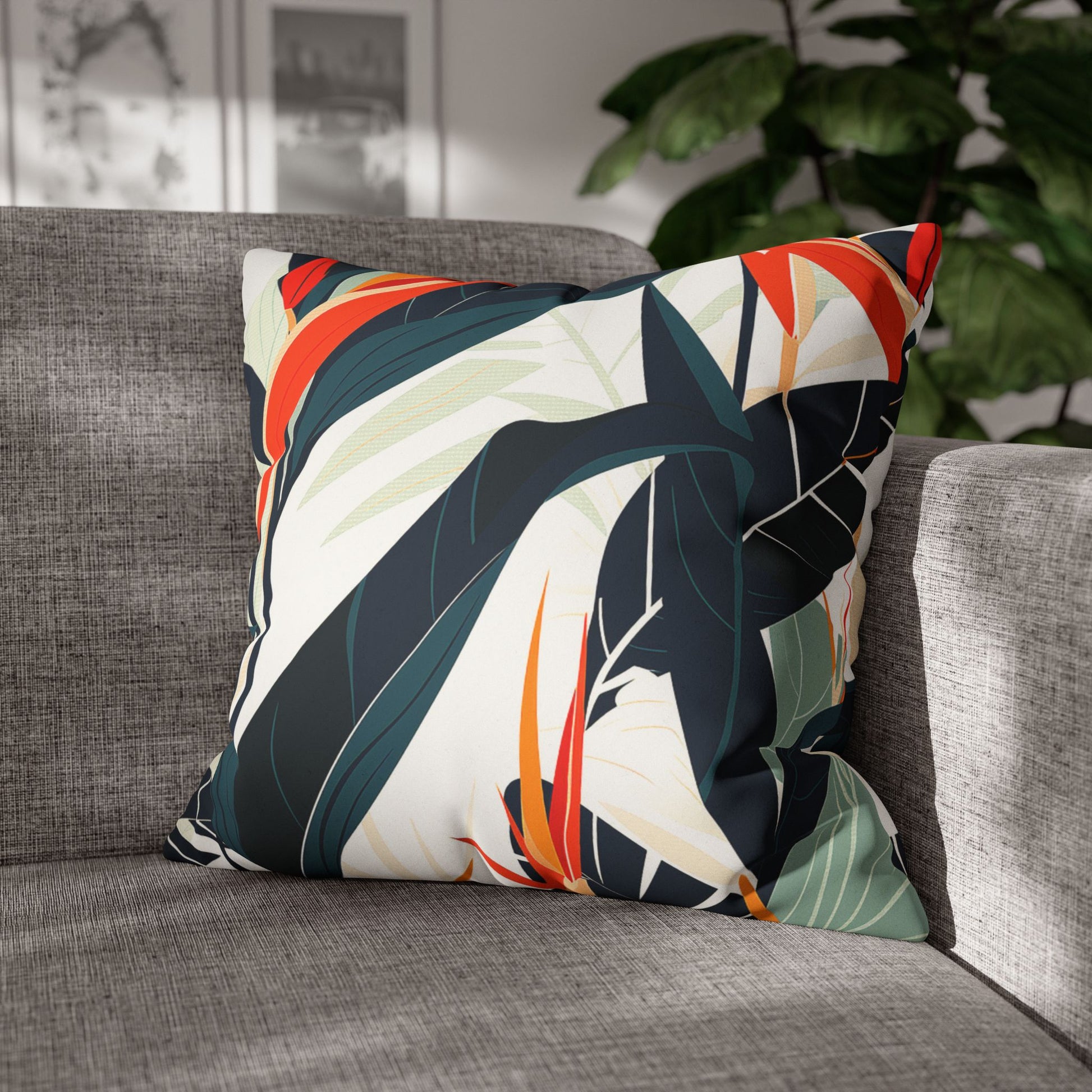 Vibrant Tropical Decorative Pillowcase of exotic paradise flowers on a sofa for laid-back island vibes used as home decor accessory BimBangDesign