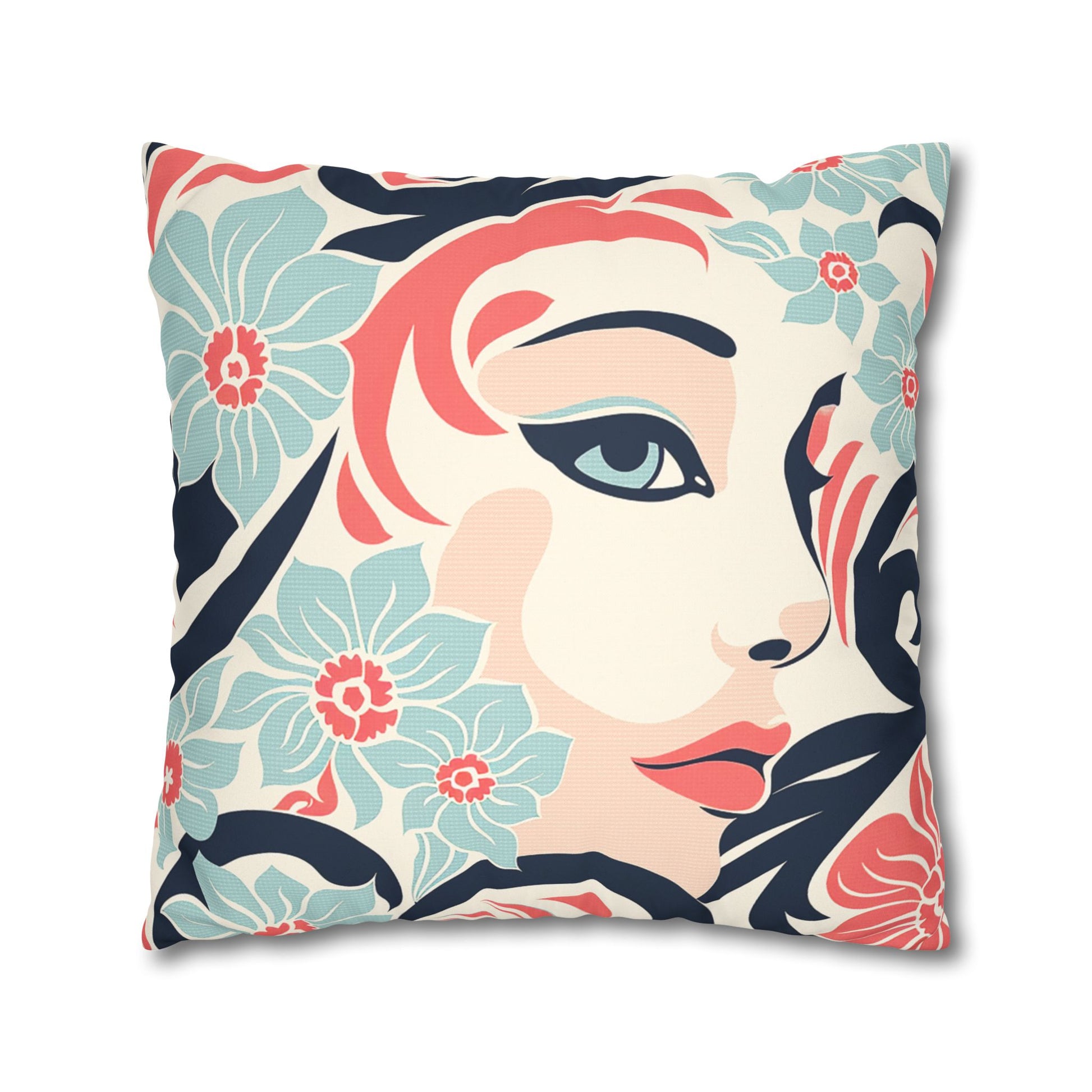 Decorative Pillowcase (back View) in coral pink, navy and pastel blue tones print of an elegant floral and feminin face, spring vibes for home decor accessories BimBangDesign