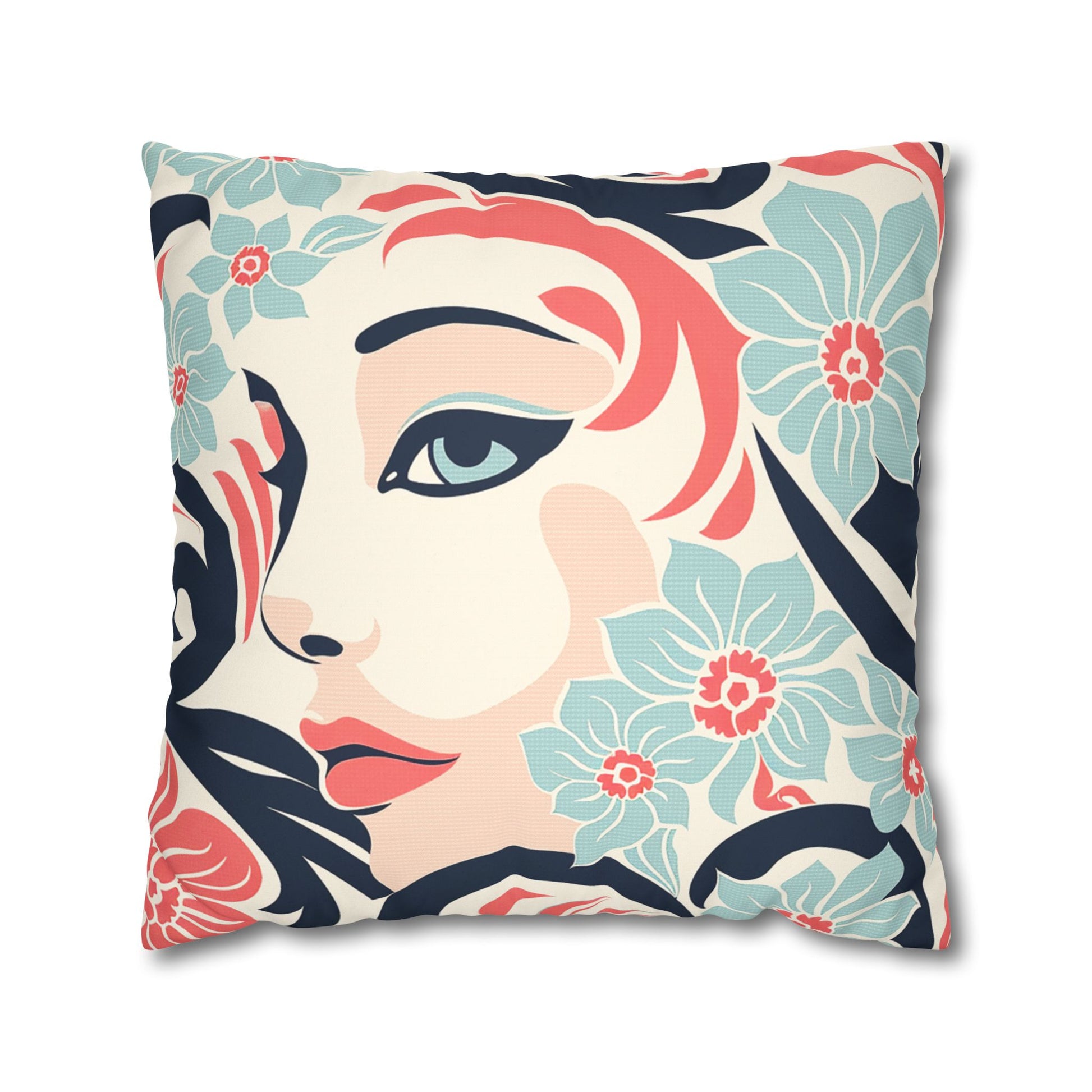 Decorative Pillowcase in coral pink, navy and pastel blue tones print of an elegant floral and feminin face, spring vibes for home decor accessories BimBangDesign
