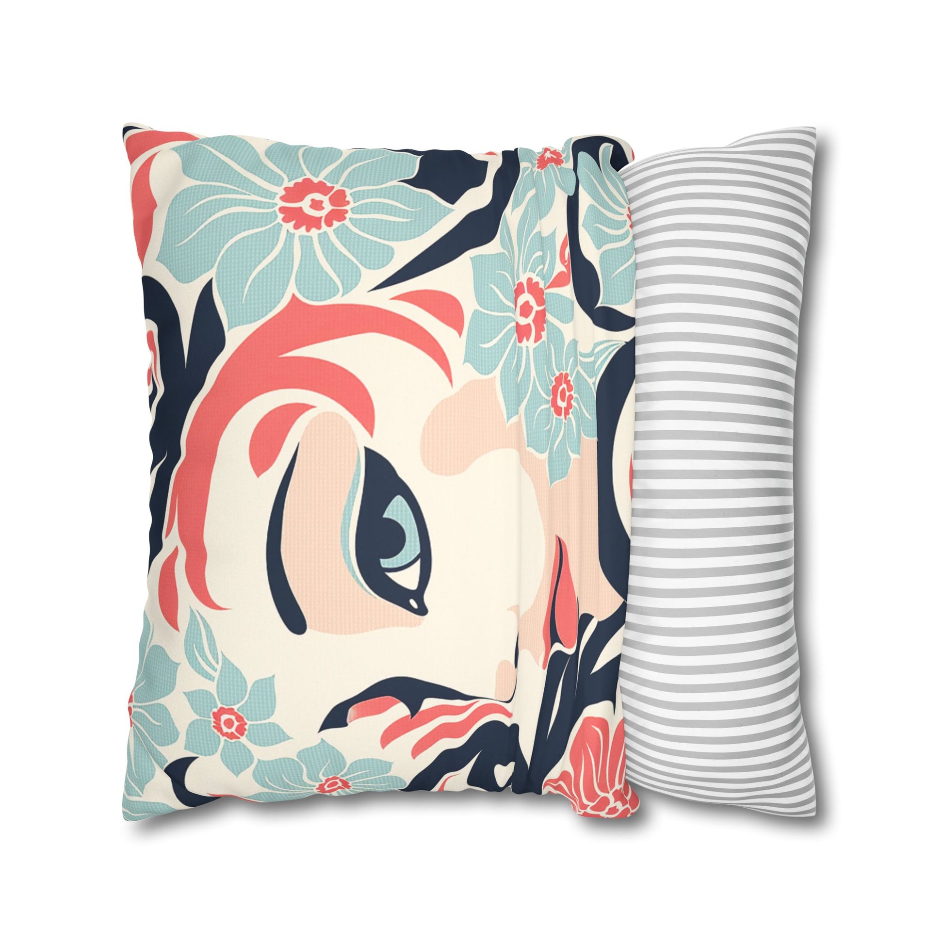 Decorative Pillowcase Uses in coral pink, navy and pastel blue tones print of an elegant floral and feminin face, spring vibes for home decor accessories BimBangDesign