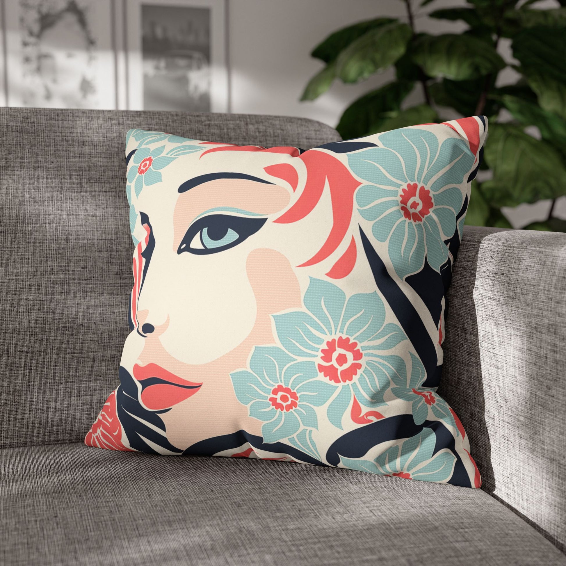 In context Decorative Pillowcase in coral pink, navy and pastel blue tones print of an elegant floral and feminin face, spring vibes for home decor accessories BimBangDesign