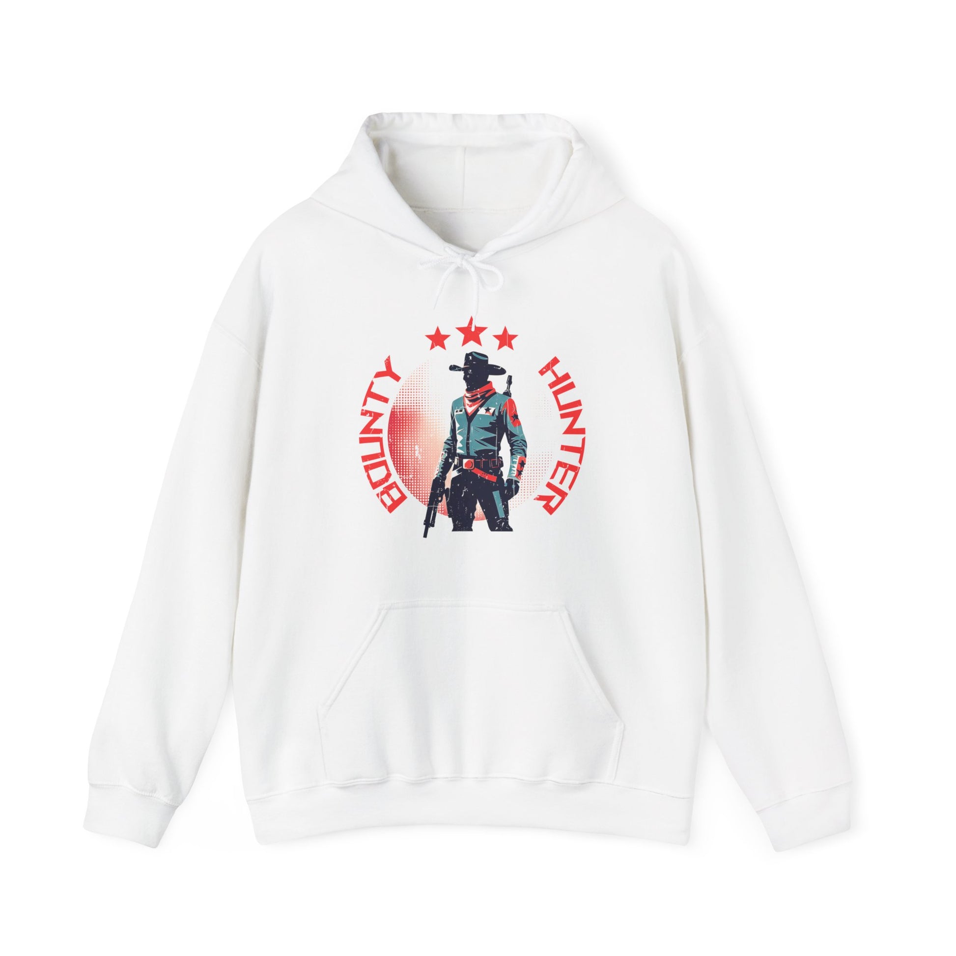 Bounty Hunter White Hoodie with minimalist retro space cowboy and stars design BimBangDesign