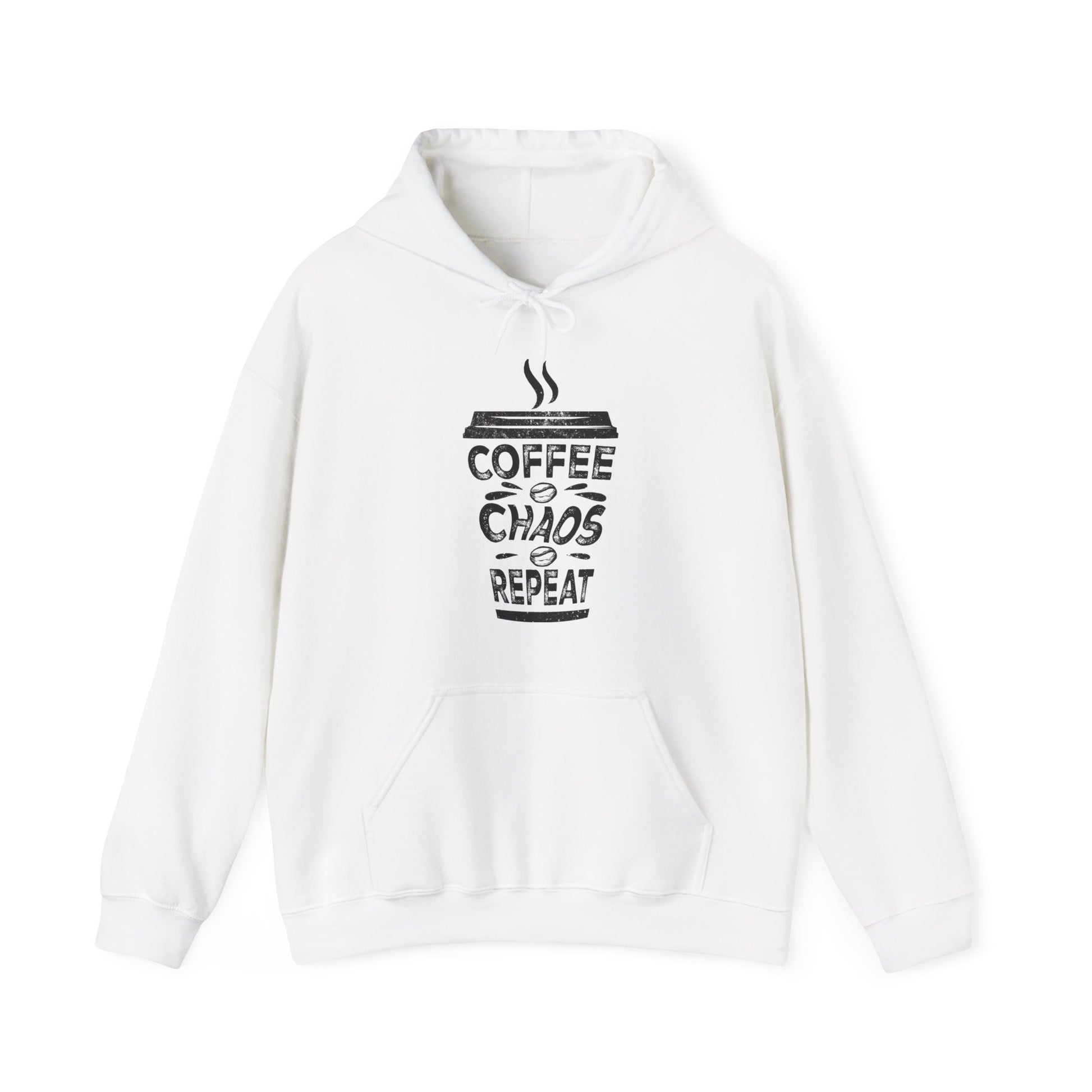 White Coffee Chaos Repeat text Hoodie for every coffee lovers on the go BimBangDesign