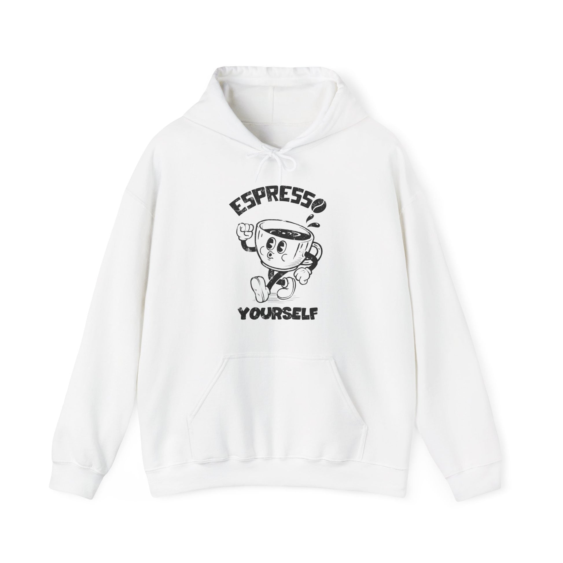 White Cartoon Espresso Yourself Hoodie with a coffee cup illustration for all espresso coffee lovers BimBangDesign
