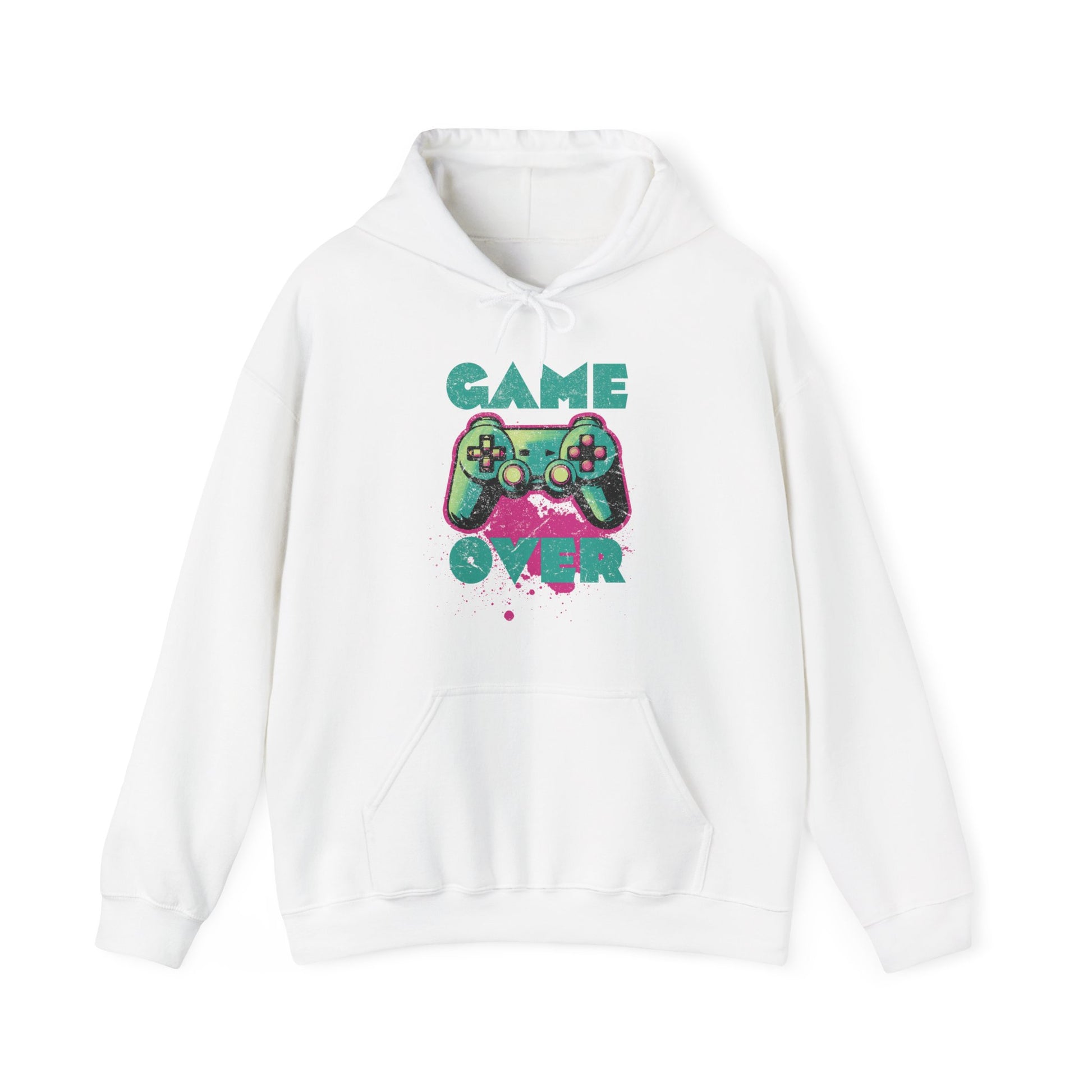White Game Over Hoodie with neon colors art for young adults that love retro gamer vibes BimBangDesign