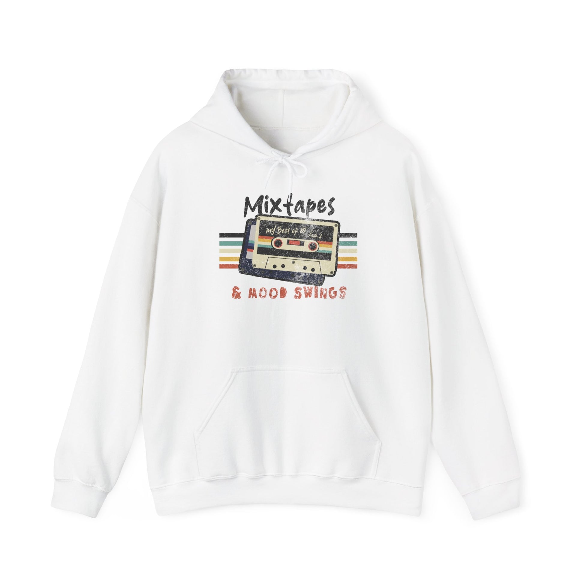 Mixtapes & Mood Swings vintage typography on a White Hoodie for vintage vibe hunters BimBangDesign
