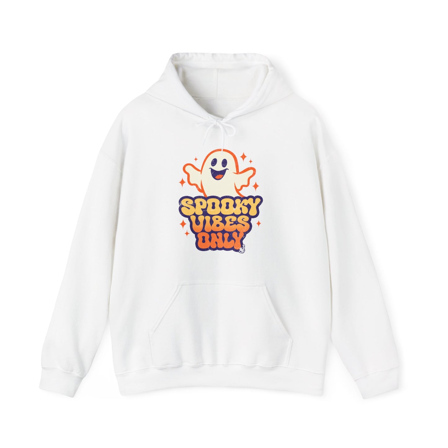 White Spooky Vibes Only Hoodie with funny ghost art for adults that love vintage halloween cartoon BimBangDesign