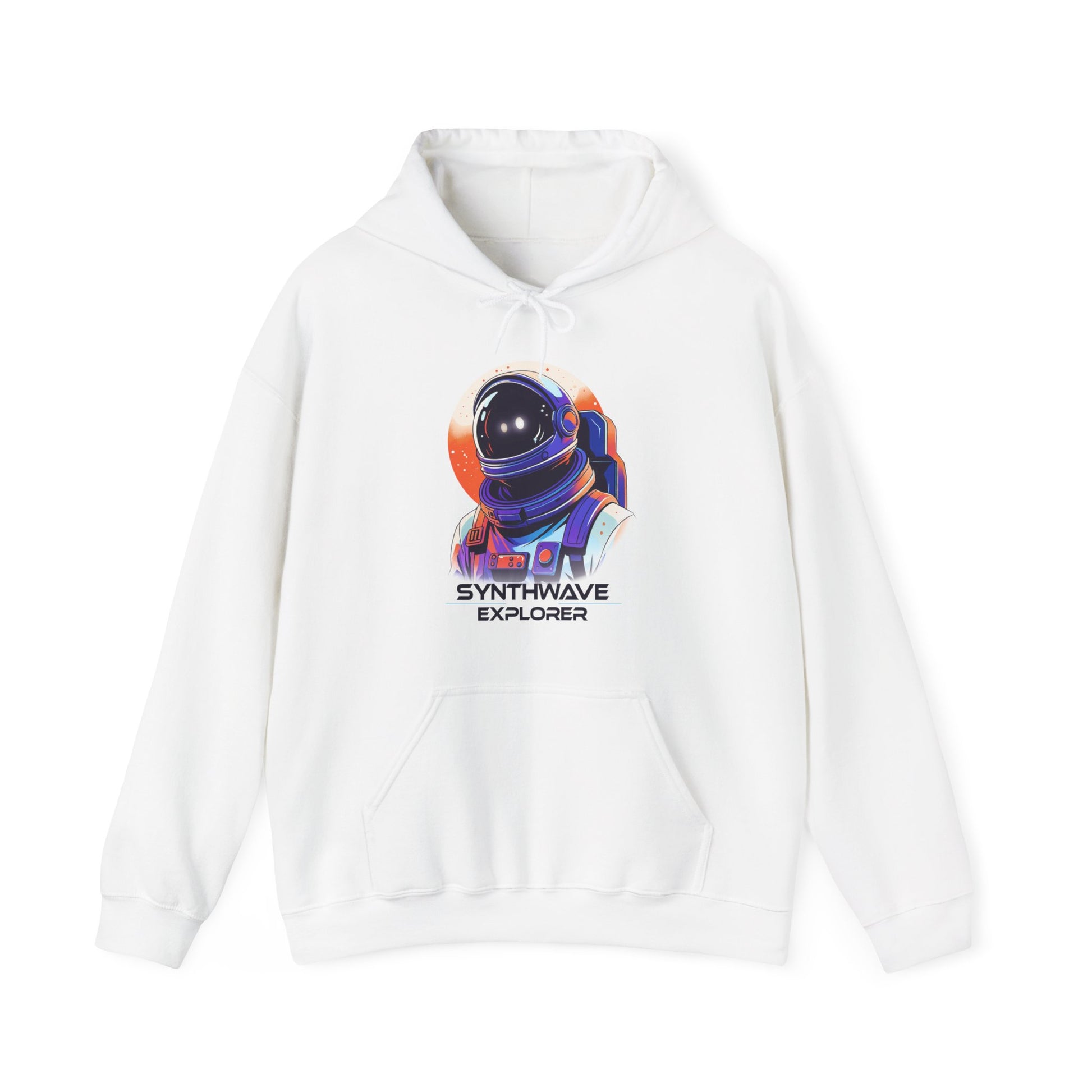 White Synthwave Explorer Hoodie with stars, neon sun and retro sci-fi look spaceman BimBangDesign