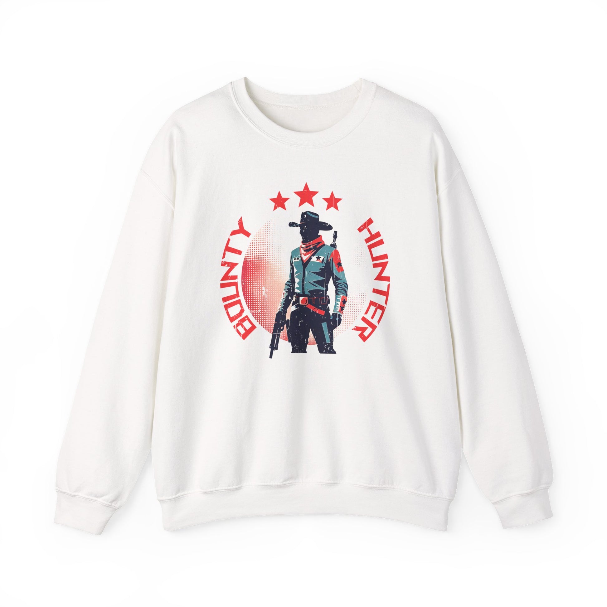 Bounty Hunter Sweatshirt in White with minimalist space cowboy and stars design BimBangDesign
