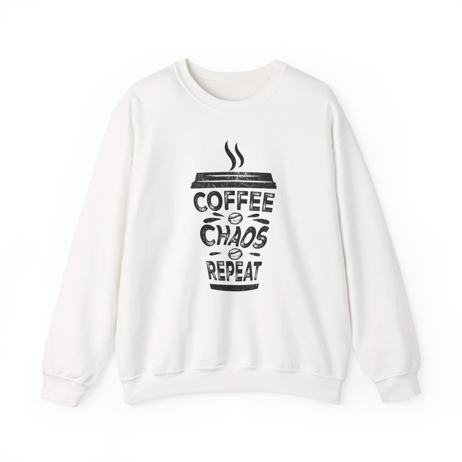 White Coffee Chaos Repeat Sweatshirt for all coffee lovers on the go BimBangDesign 