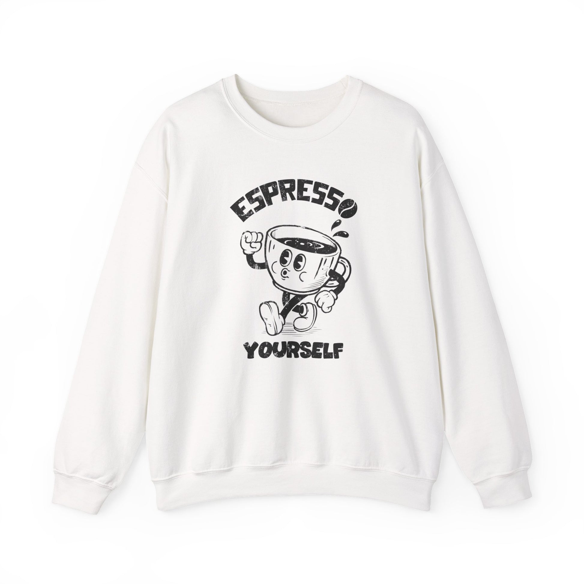 Cartoon Espresso Yourself White Sweatshirt with a coffee cup illustration for espresso coffee lovers BimBangDesign