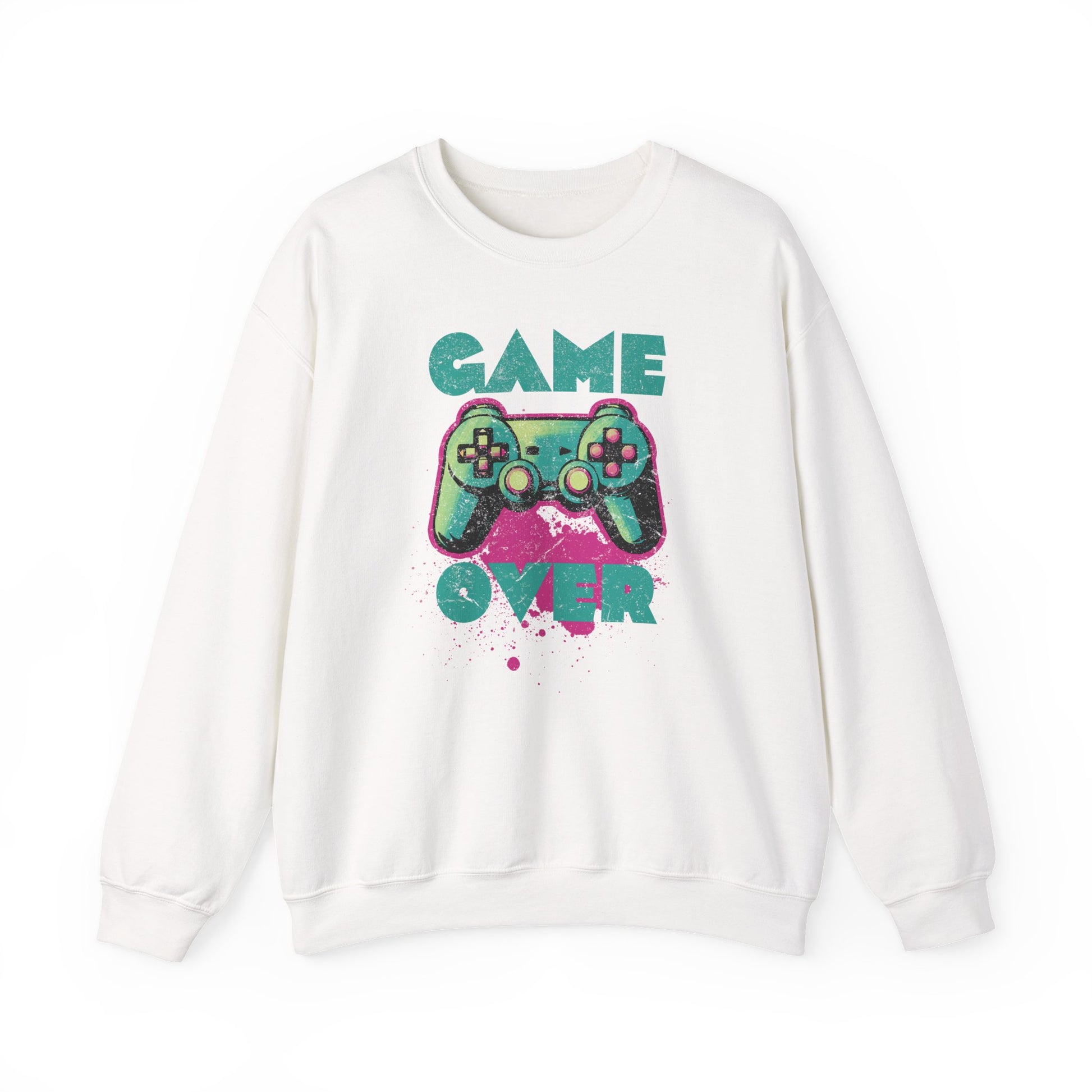White Game Over sweatshirt retro neon colors art for gamers BimBangDesign