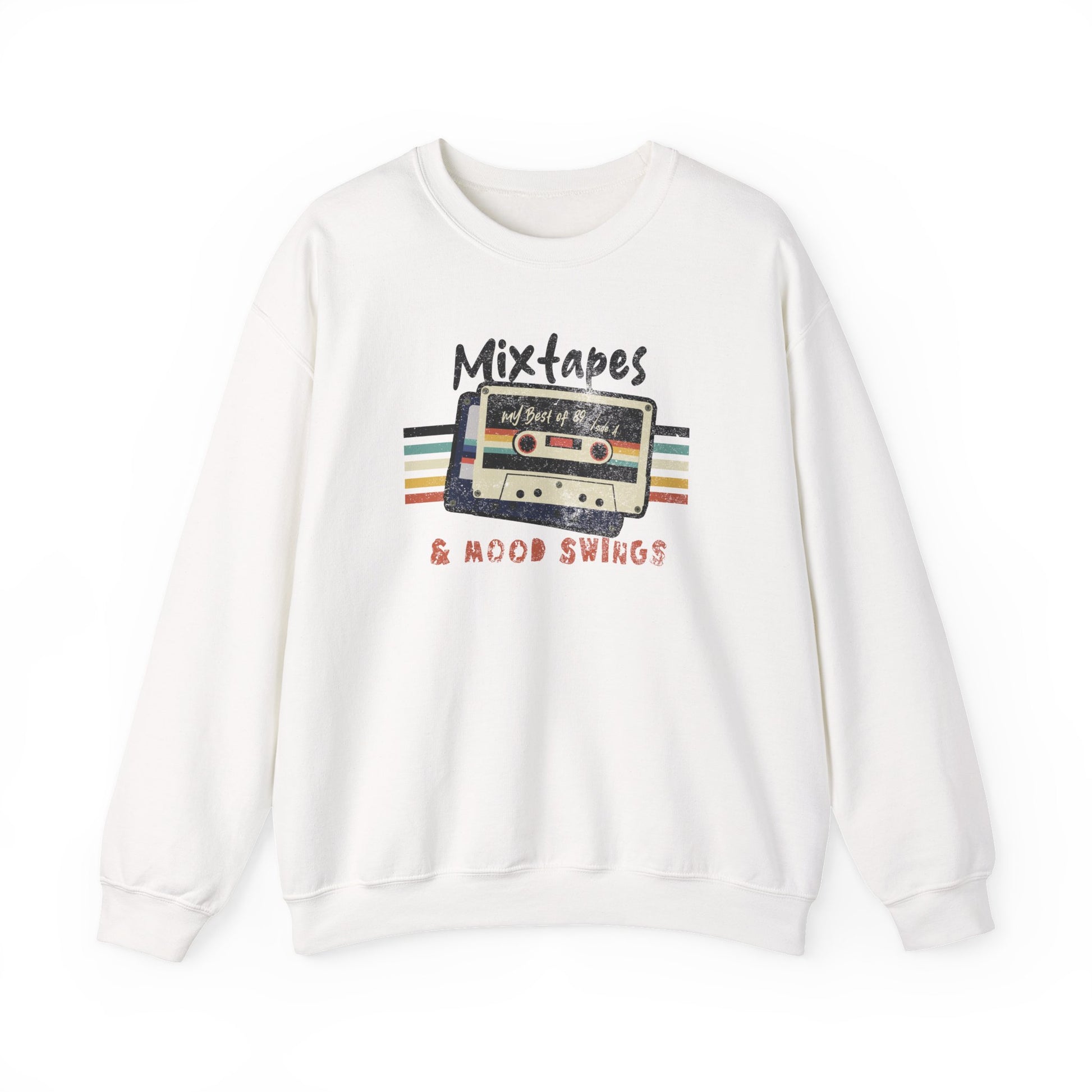 Mixtapes & Mood Swings vintage typography on a White Sweatshirt for vintage vibe hunters BimBangDesign