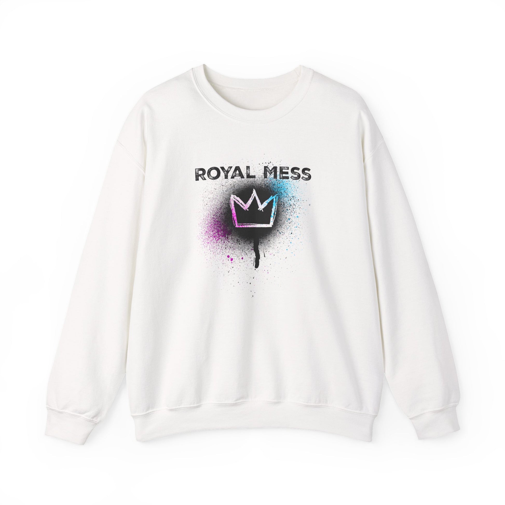 Royal Mess Sweatshirt in White with bold text and crown on a paint spray spatter for Queens, kings, and chaos connoisseurs BimBangDesign
