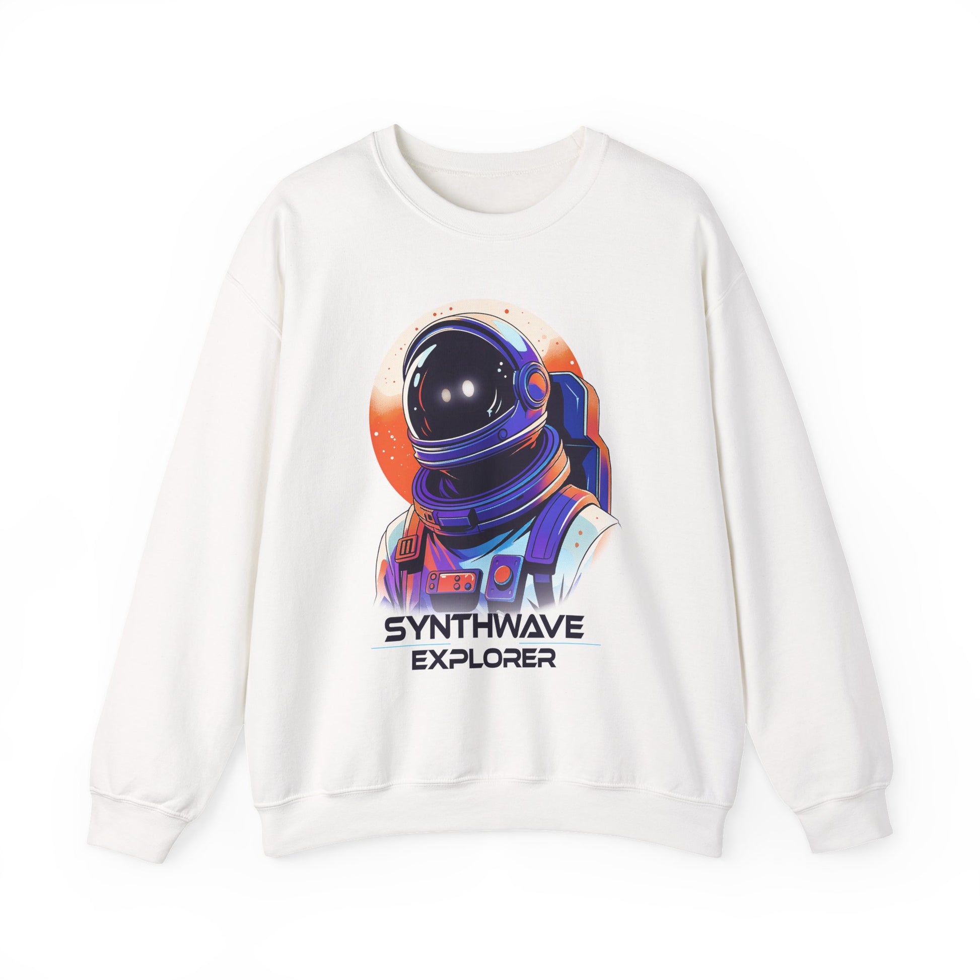 White Synthwave Explorer Sweatshirt with stars and neon sun, retro sci-fi look Spaceman print BimBangDesign