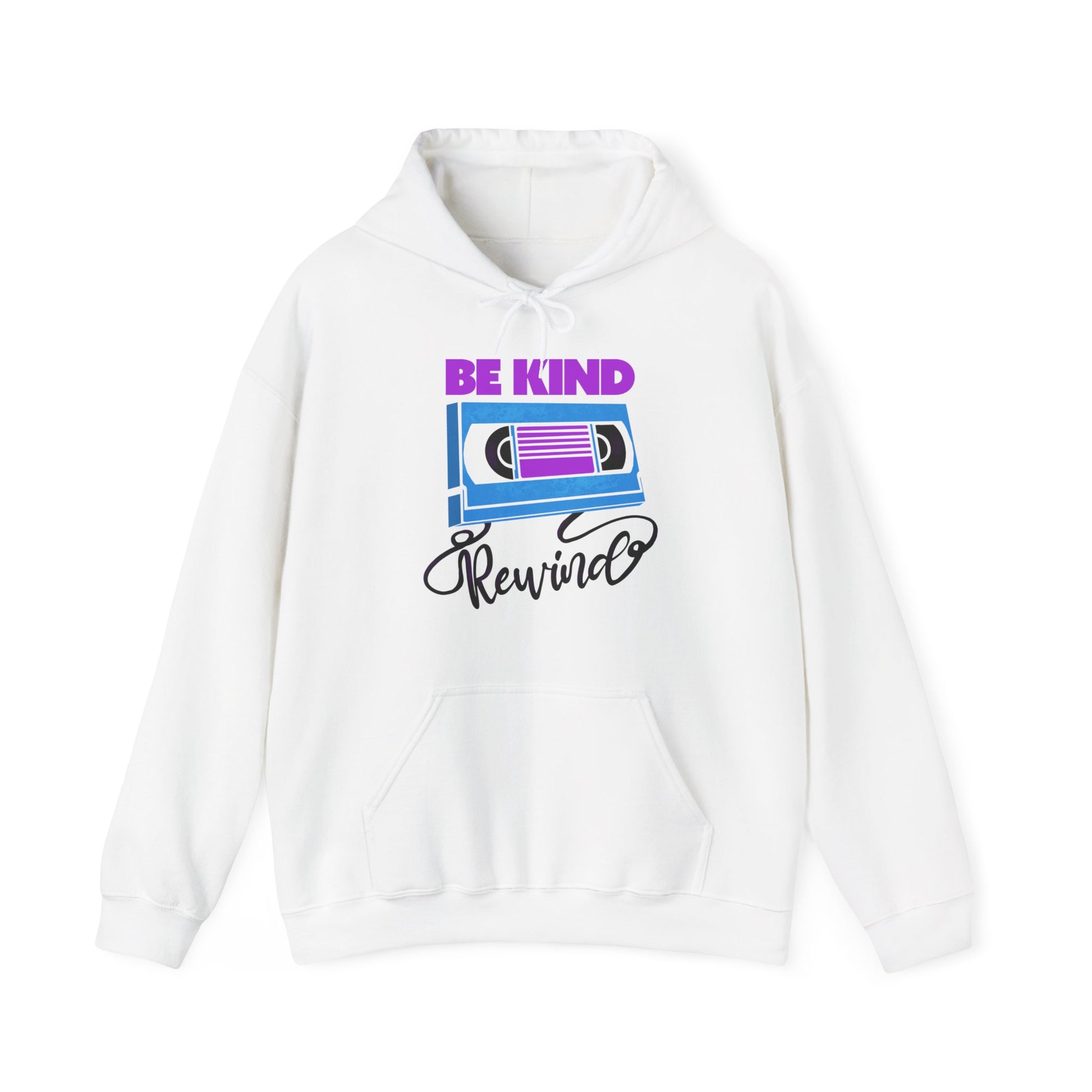 Be Kind Rewind White Hoodie, retro typographic style, VHS inspiration BimBangDesign