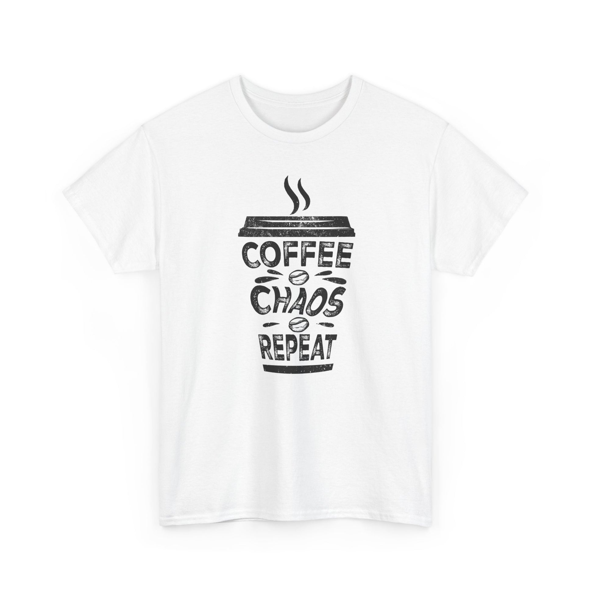 Coffee Chaos Repeat text White t-shirt for coffee lovers on the go BimBangDesign