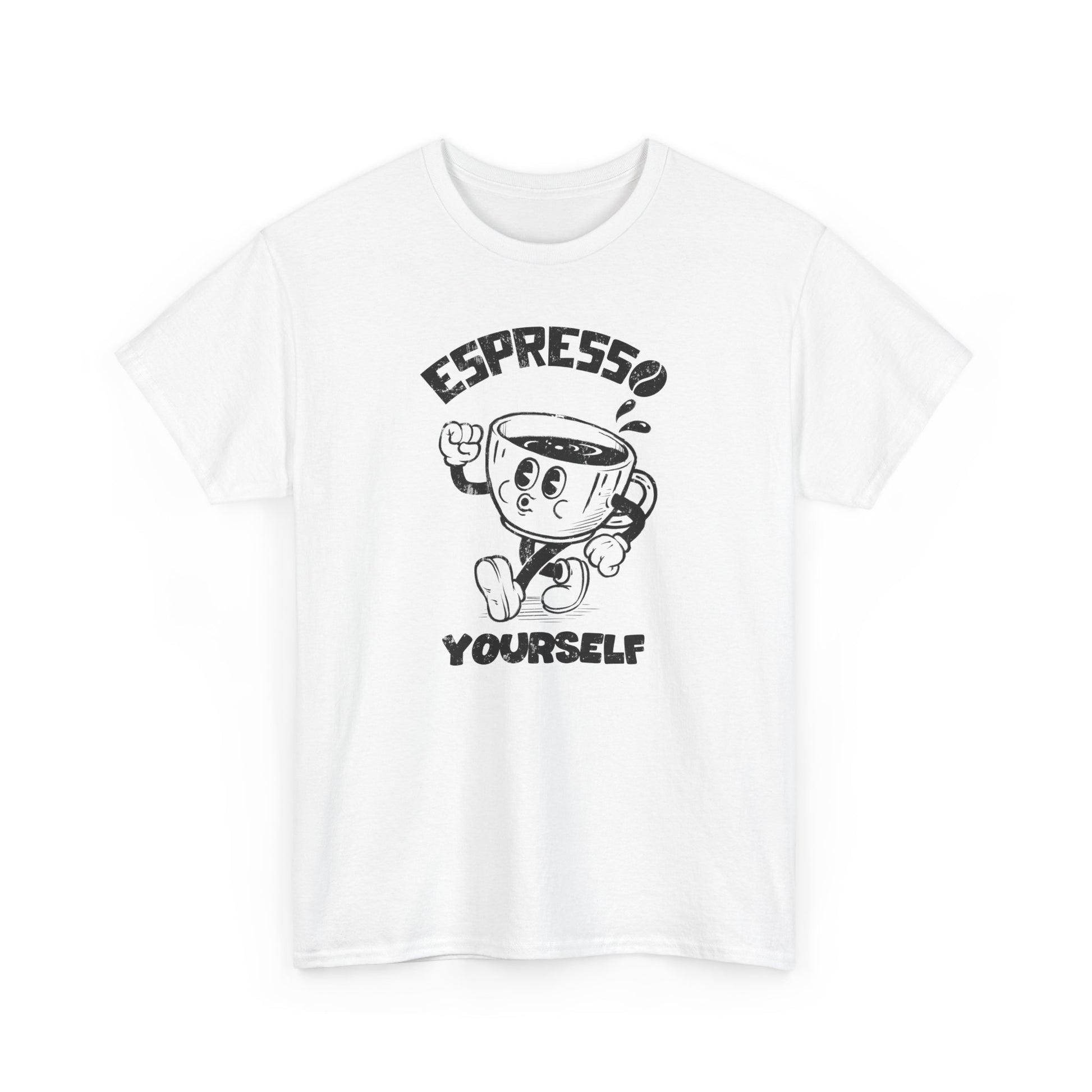 White Cartoon Espresso Yourself t-shirt with a coffee cup illustration