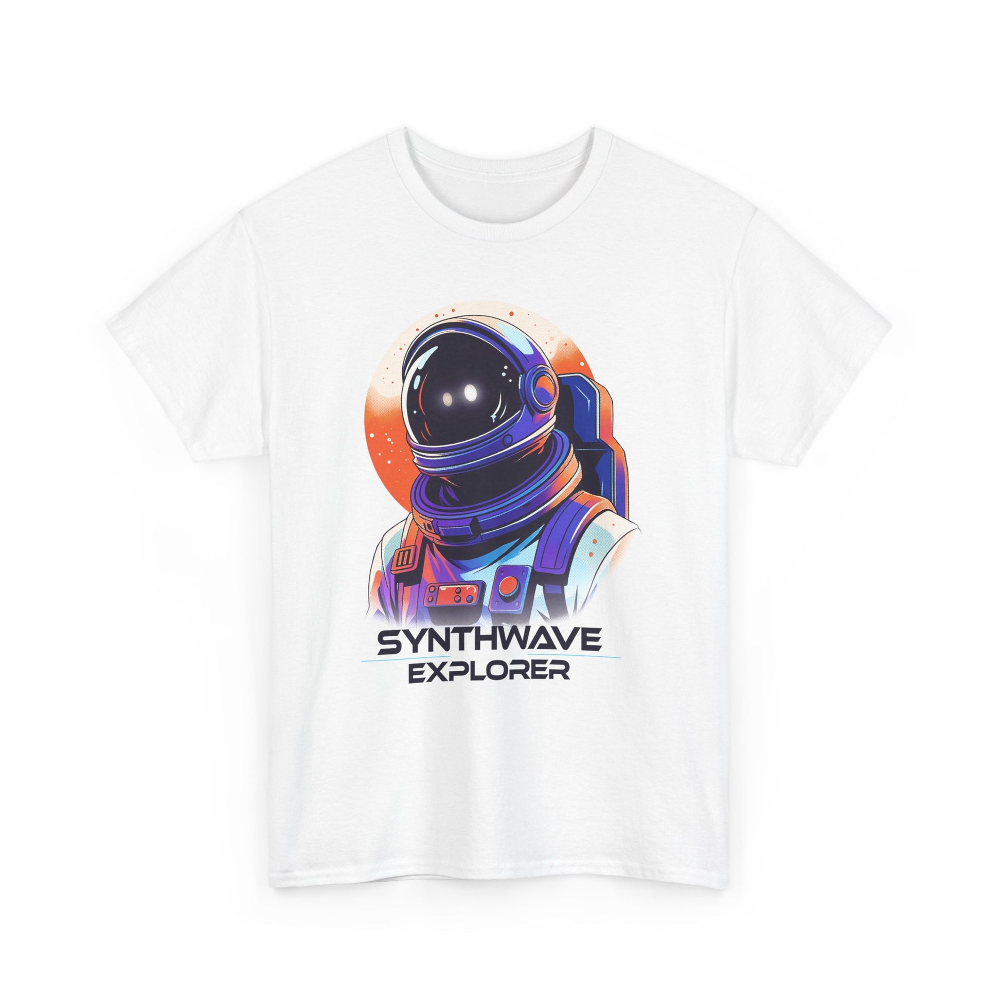 White Synthwave Explorer t-shirt with stars and neon sun, retro sci-fi look BimBangDesign
