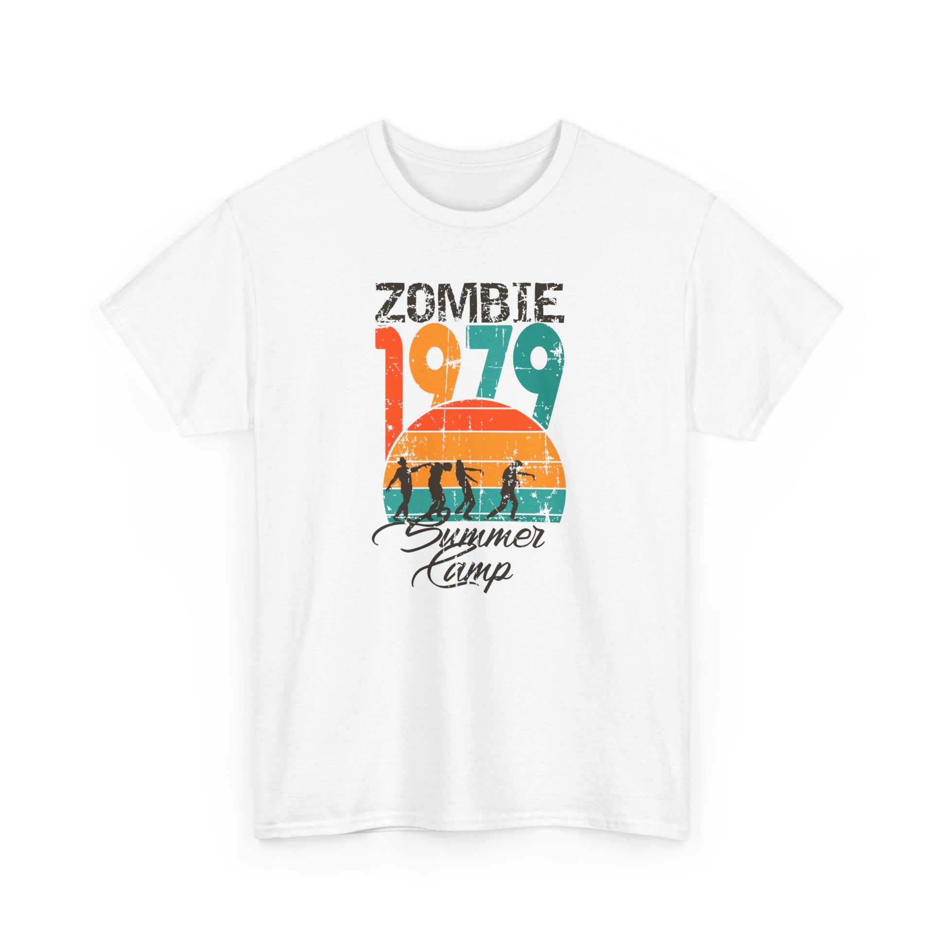 1979 Zombie Summer Camp White t-shirt with undead campers design in retro style BimBangDesign
