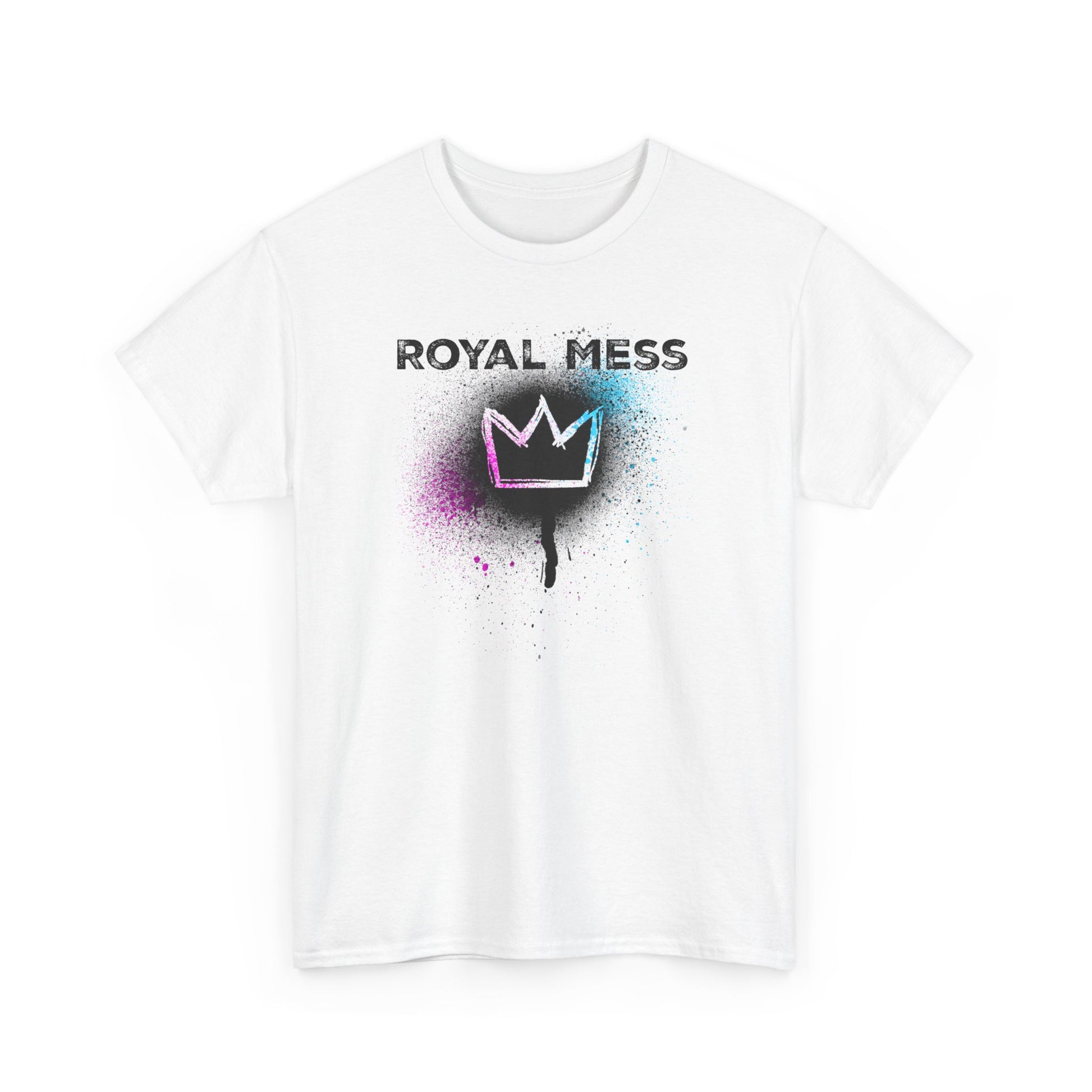 White Royal Mess t-shirt  with bold text and crown on a paint spray spatter BimBangDesign