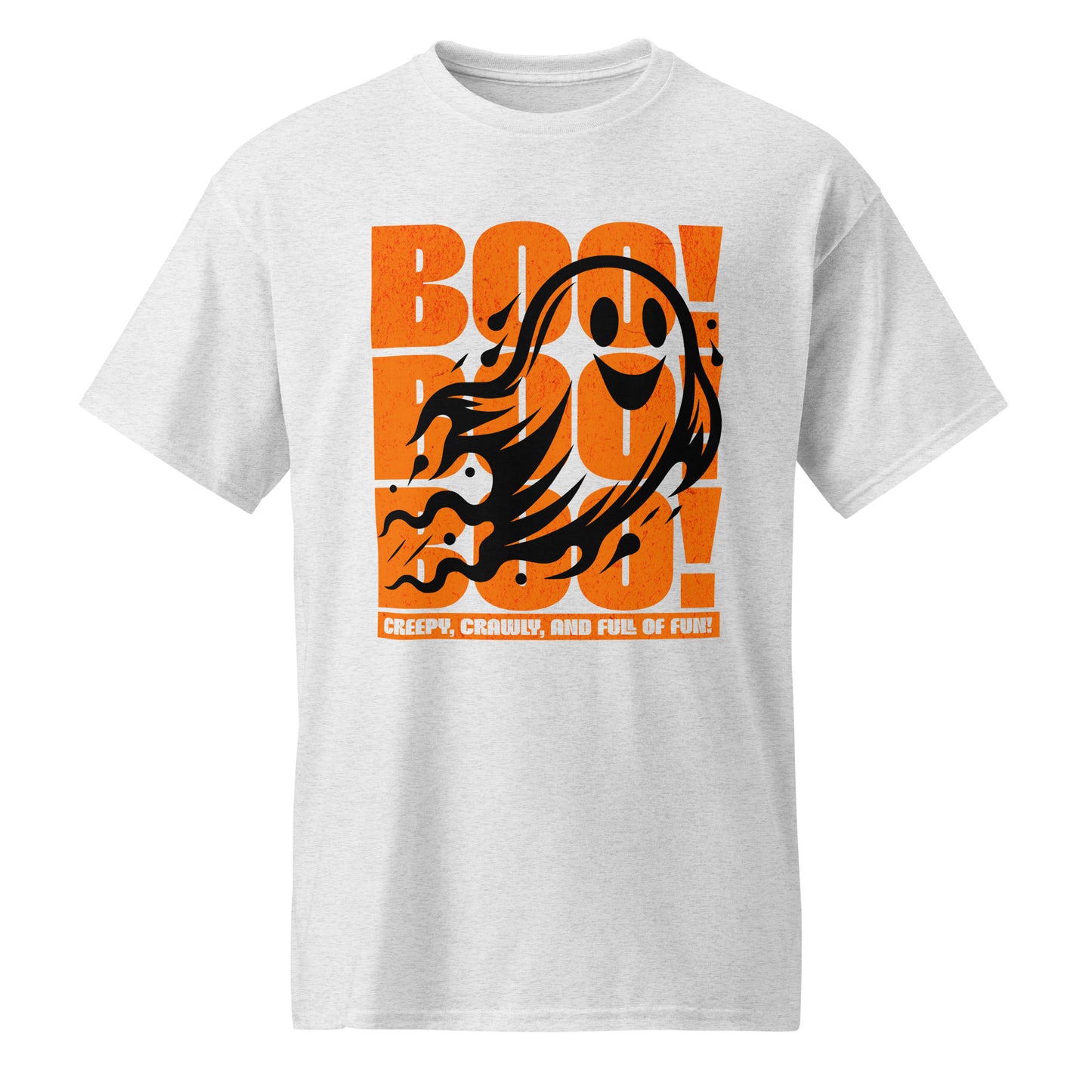 Ash Playful ghost design with triple “Boo” text – fun Halloween unisex t-shirt by BimBangDesign.