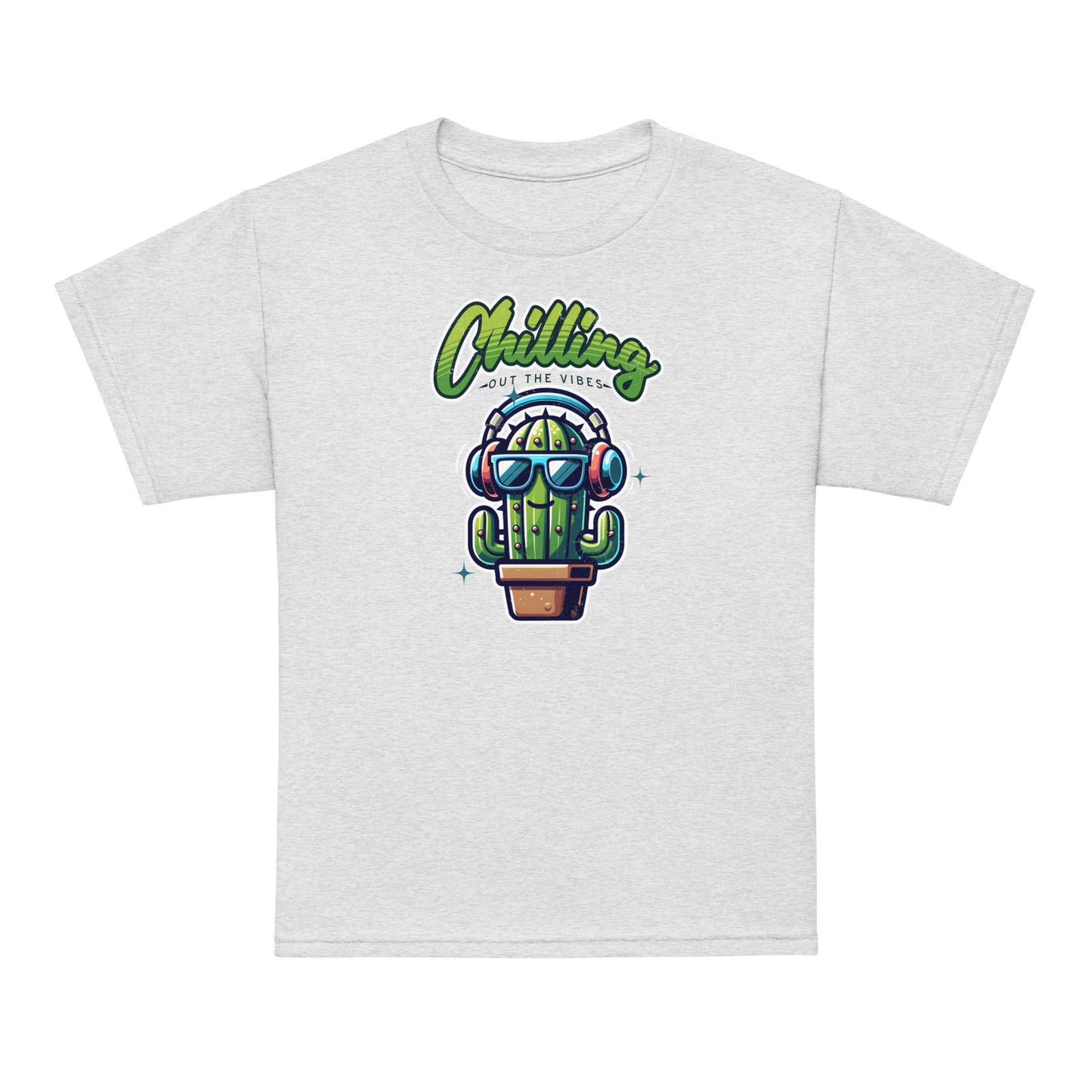 Ash Chilling Out the Vibes Fun music-themed kids tee with cartoon cactus design, BimBangDesign