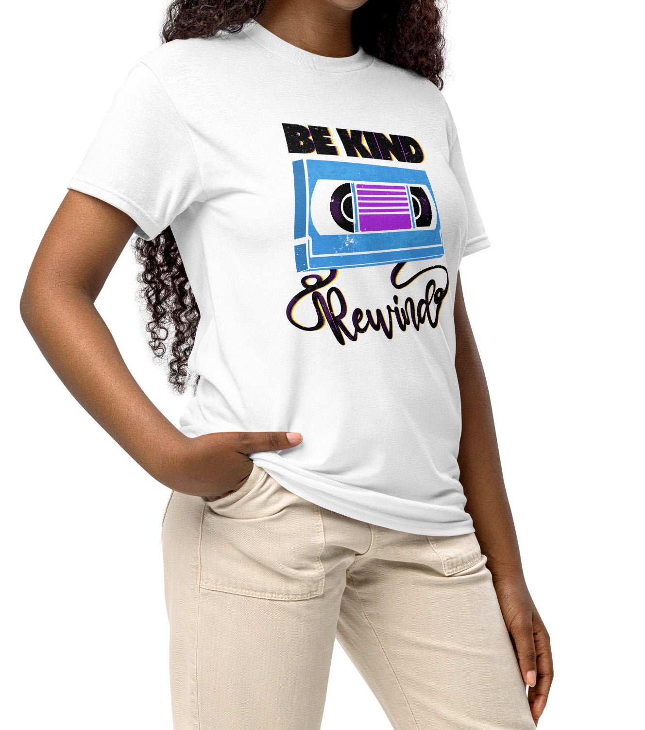 White Be Kind Rewind T-shirt, worn by a retro typographic style fan and VHS inspiration entousiast, BimBangDesign