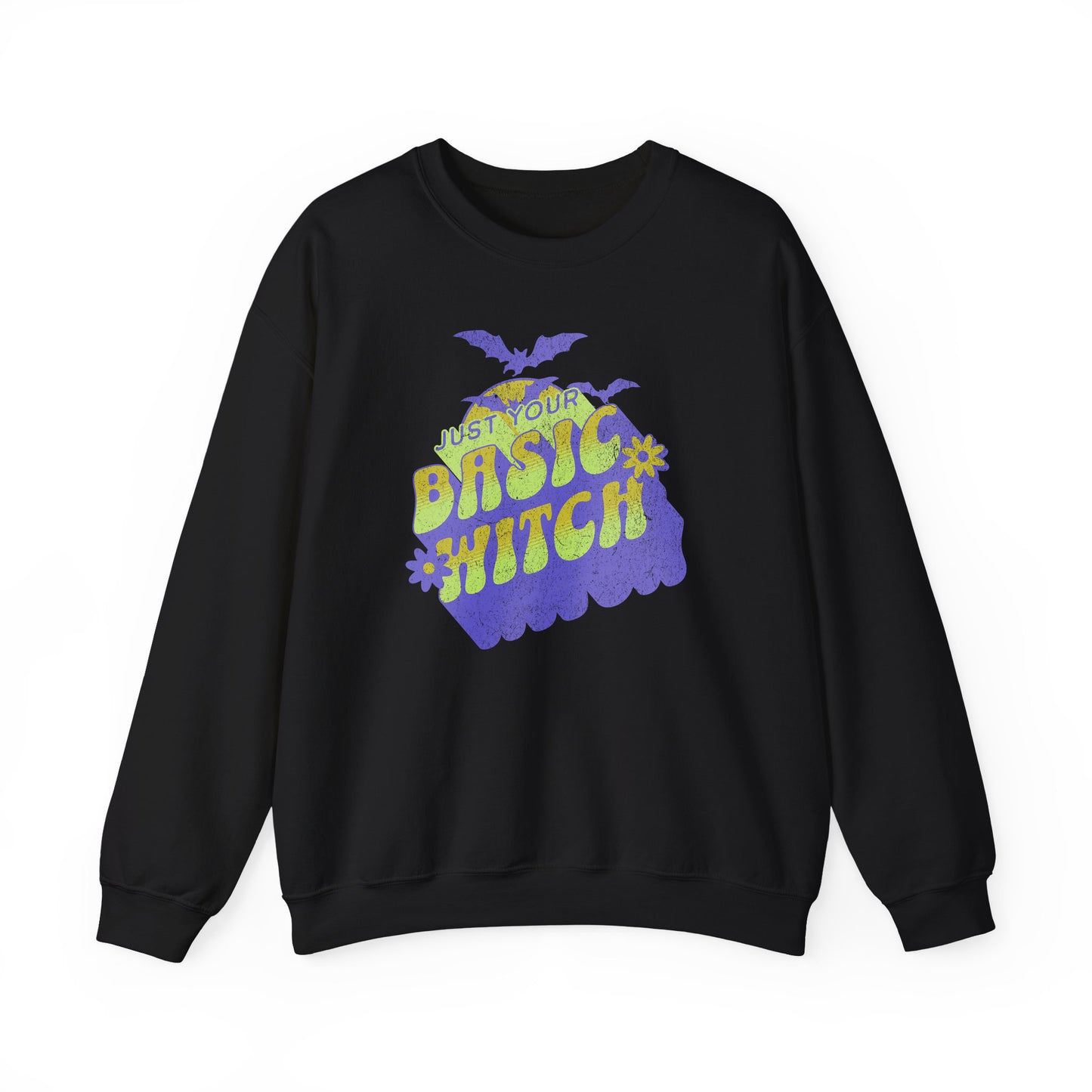 Black Unisex “Just Your Basic Witch” Halloween sweatshirt with witchy print — cozy fall fashion with playful attitude.