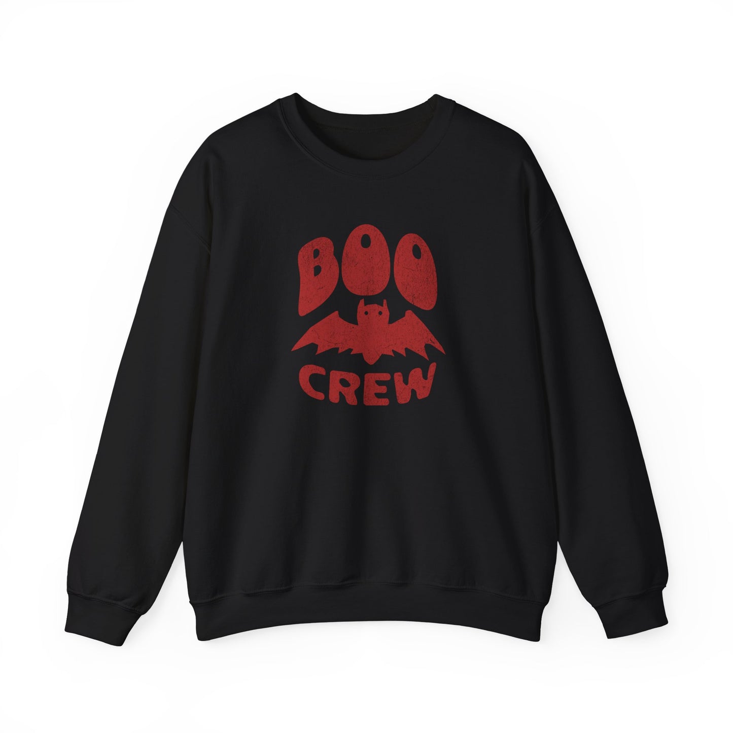 Black Boo Crew Halloween sweatshirt with cute bat illustration – cozy unisex fall pullover by BimBangDesign